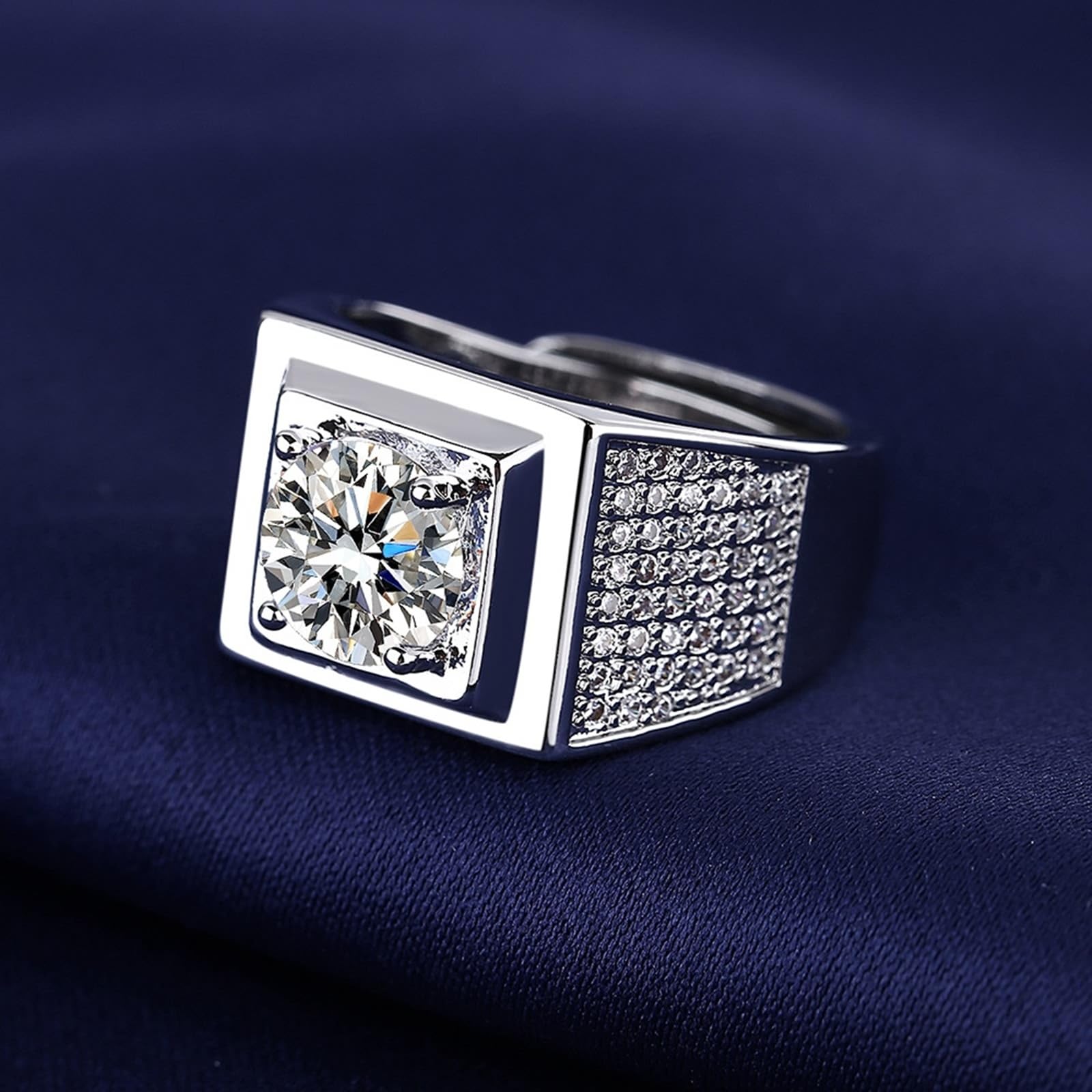 Anillo de oro blanco de 18 quilates para hombre, elegante anillo ancho de moissanita de 4 puntas, anillo de compromiso para hombre, talla 7-14