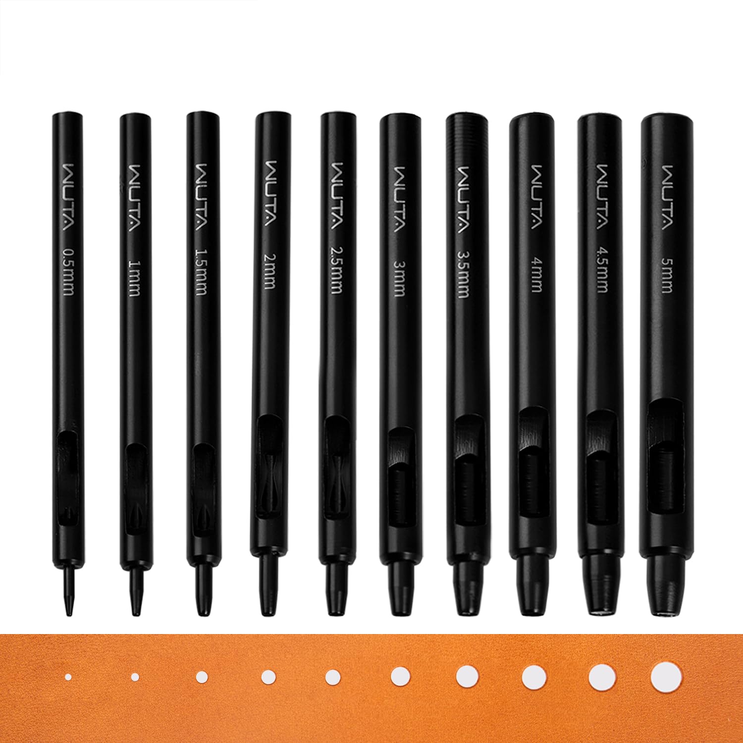 WUTA Schwarzer Leder Runde Lochstanzer,10 Stück Locheisen Set für Leder, Uhrenarmband, Dichtungsgürtel,Lochstanzer Locheisensatz(0.5+1+1.5+2+2.5+3+3.5+4+4.5+5mm)