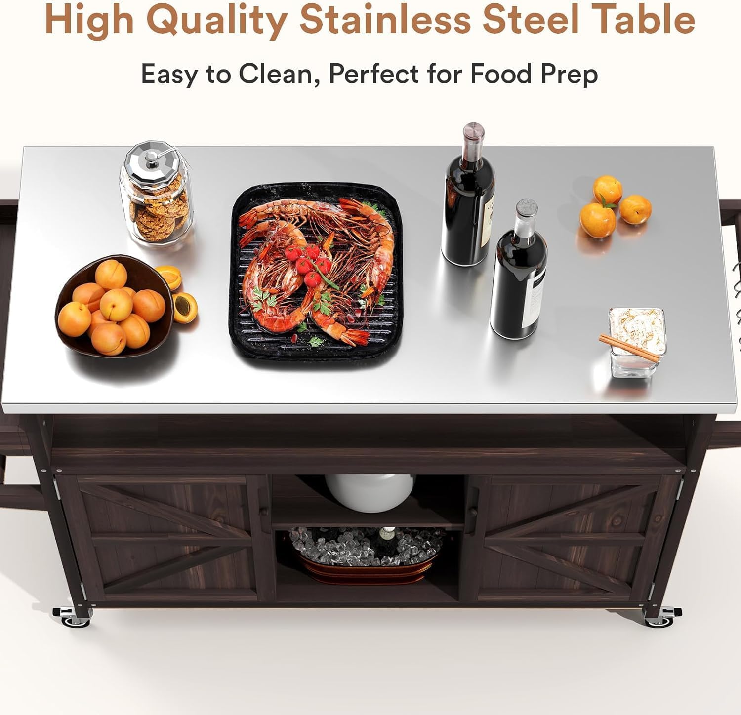 Outdoor Cabinet for Patio Graden BBQ Grill Cart with Storage Cabinet, Home Rolling Kitchen Island Food Prep Table with Stainless Steel Top, Shelves, Spice Rack, Towel Rack(Dark Brown)