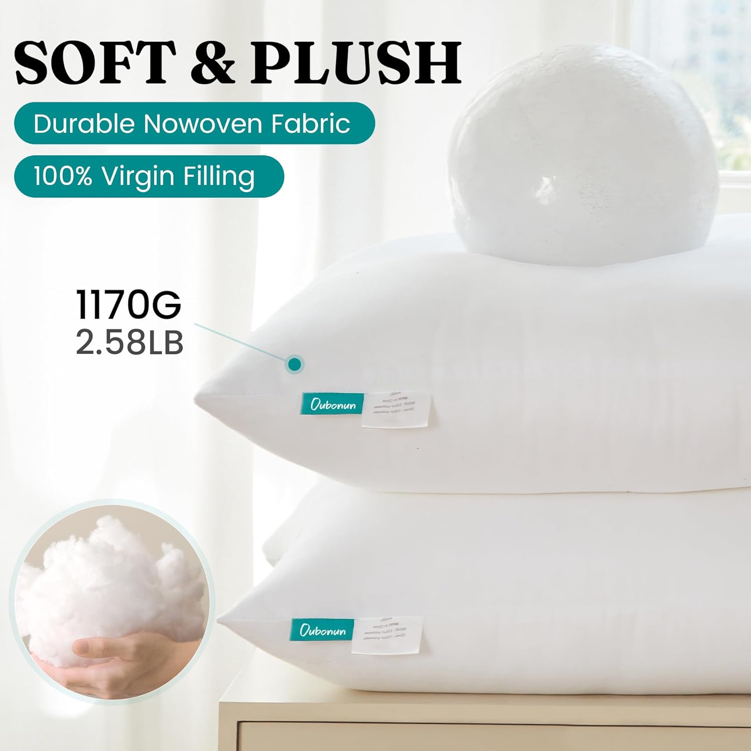 Oubonun 26 x 26 Throw Pillow Inserts - Soft, Plush & Decorative Down Alternative Pillows for Couch Sofa Bed, Machine Washable - White, Pack of 2 - Image 4