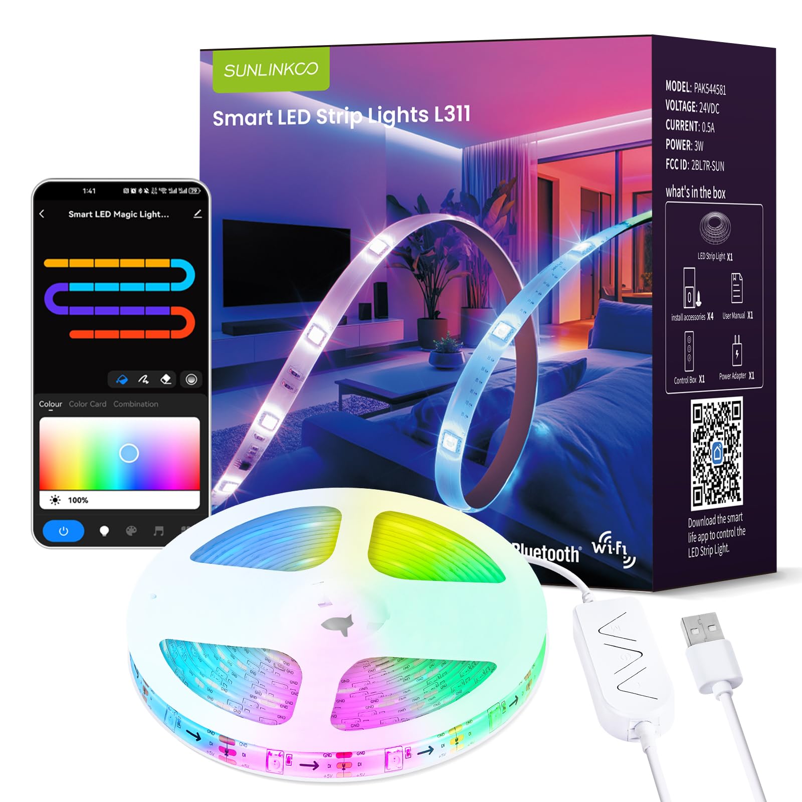 SUNLINKCO RGB+IC LED Strip Lights, Smart Bluetooth LED Light for Bedroom, Color Changing LED Strips with 44 Scene Modes(6.6ft)