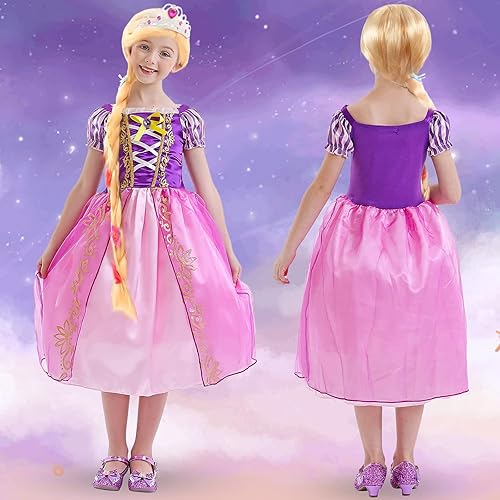 Miniatura 2 de Tacobear Rapunzel - Vestido de princesa para niñas, disfraz de princesa con peluca, corona y alfiler de mariposa, disfraz de Halloween, cumpleaños,