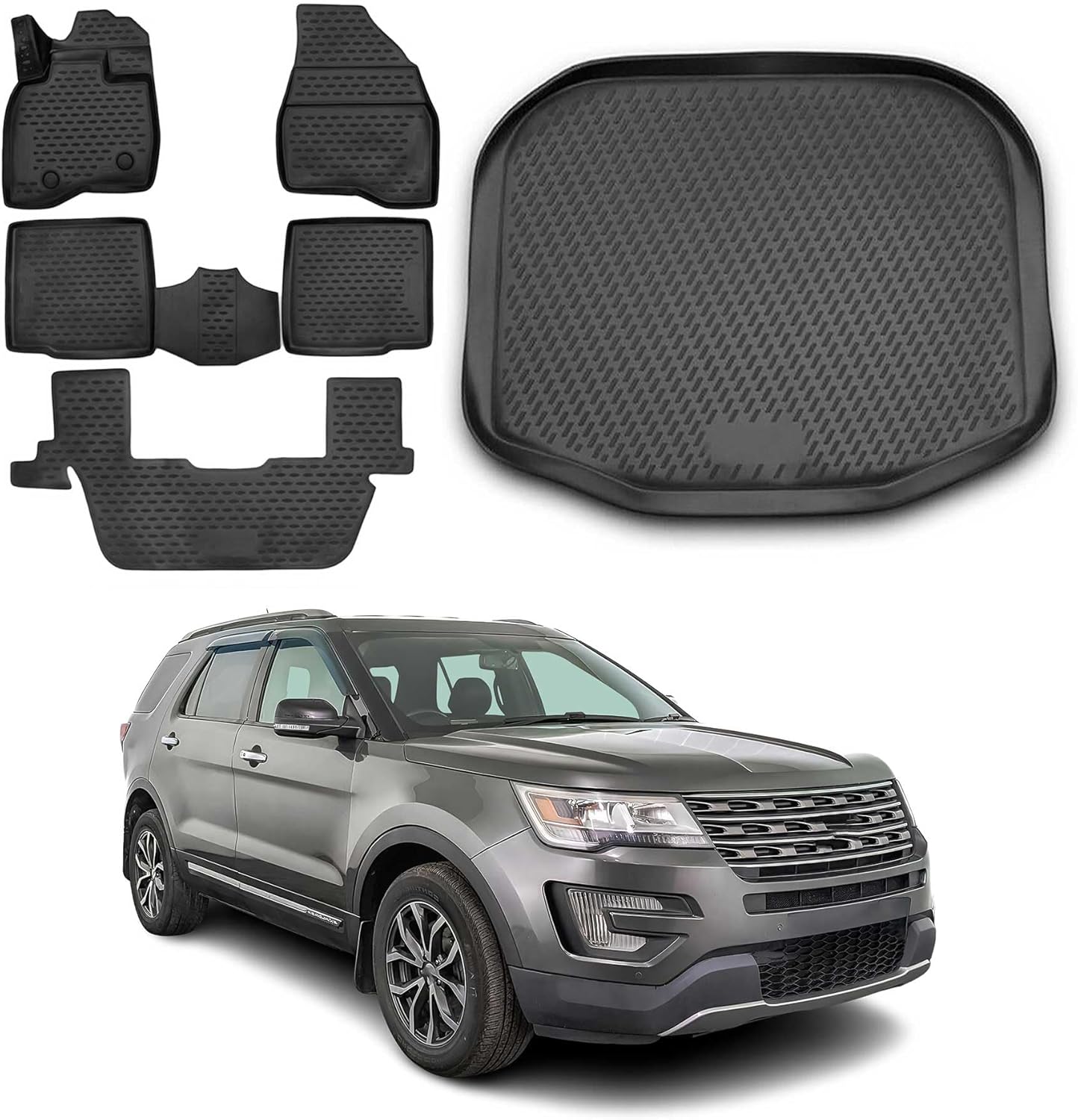 OMAC Custom Floor Mats & Cargo Liners for Ford Explorer 2016-2019 Black 6 Pcs