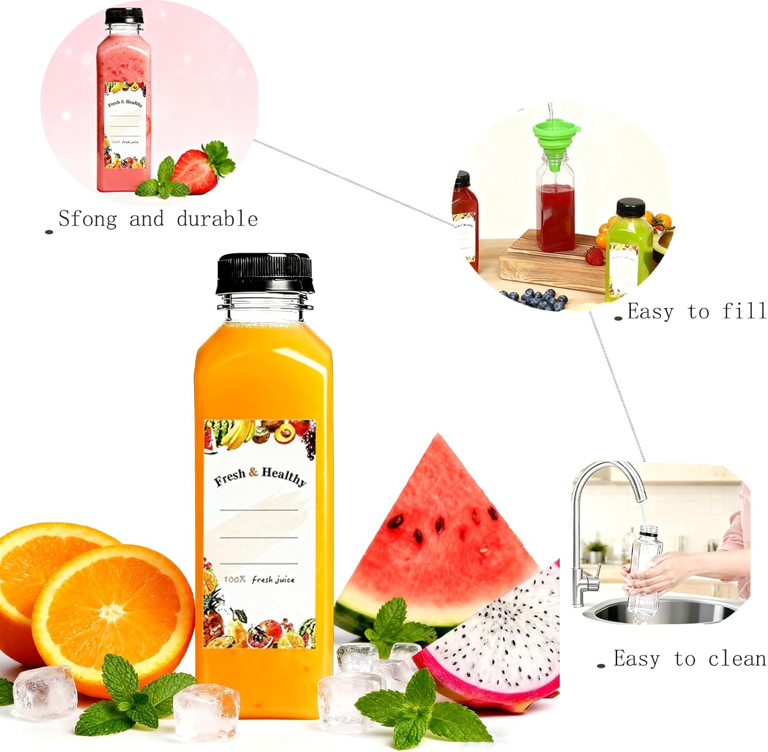 150 Pack 16 Oz Juice Bottles with Caps, Reusable Clear Food Grade PET Plastic Bottles for Juice, Iced Coffee, Smoothies, Milk & Beverages - Image 4