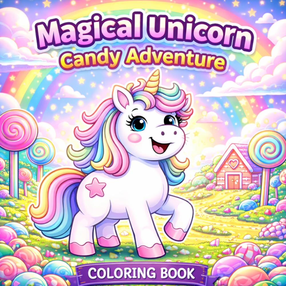 Magical Unicorn Candy Adventure Coloring Book: Fun and Easy Coloring Pages for Kids Ages 3–8 with Cute Unicorns, Candy World Adventures, and Sweet Friends