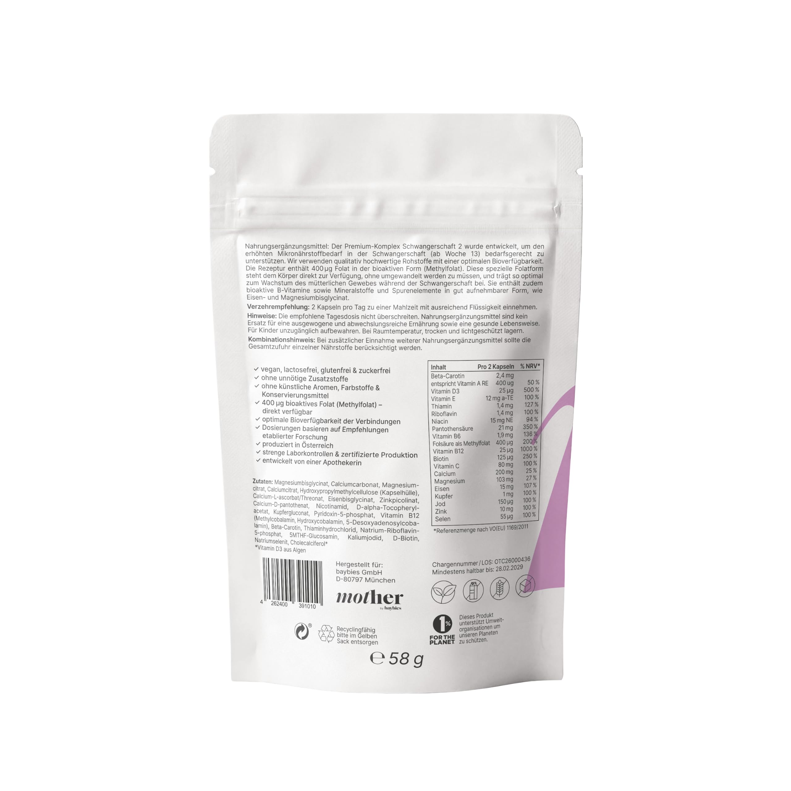 mother+ Schwangerschaft 2 Premium-Komplex ab der 12.Woche - Hochwertige Mikronährstoffversorgung für die Schwangerschaft/Mit Folat, Eisen, Jod & wichtigen Vitaminen/Vegan