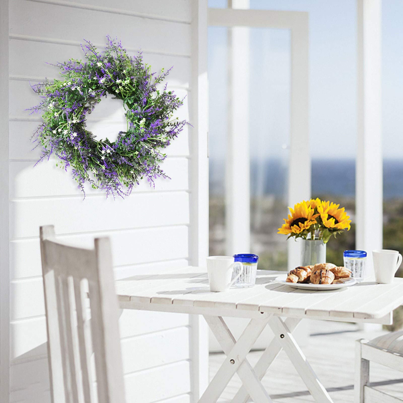 Dremisland Ghirlanda primaverile per porta d'ingresso, 55,9 cm, ghirlanda di eucalipto artificiale, margherita colorata, fiori di campo finti lavanda per interni ed esterni, decorazione da parete per
