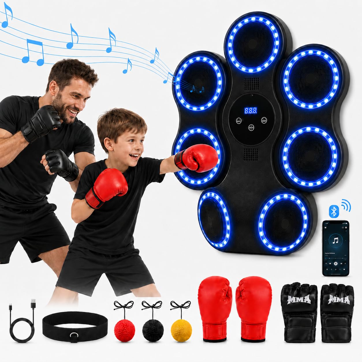 Music Boxing Machine con Bluetooth, 7 bersagli e illuminazione a LED, 11 modalità di allenamento e 9 velocità, guantoni da boxe per adulti e bambini, macchina da boxe elettronica per casa, ufficio