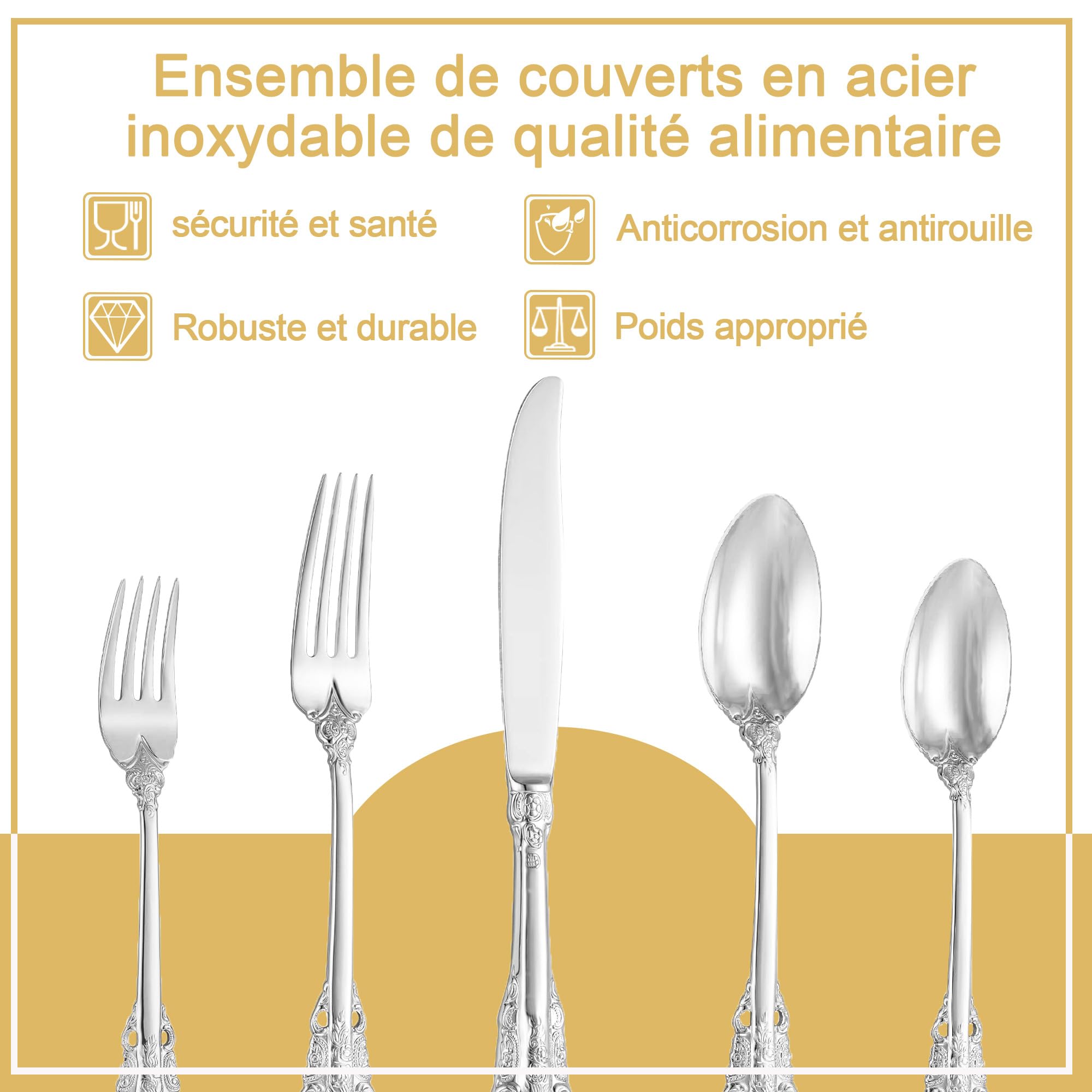 Magnifique ensemble de couverts baroques argentés 18/10 en acier inoxydable 20 pièces, ustensiles comprenant une fourchette, une cuillère et un couteau avec coffret cadeau