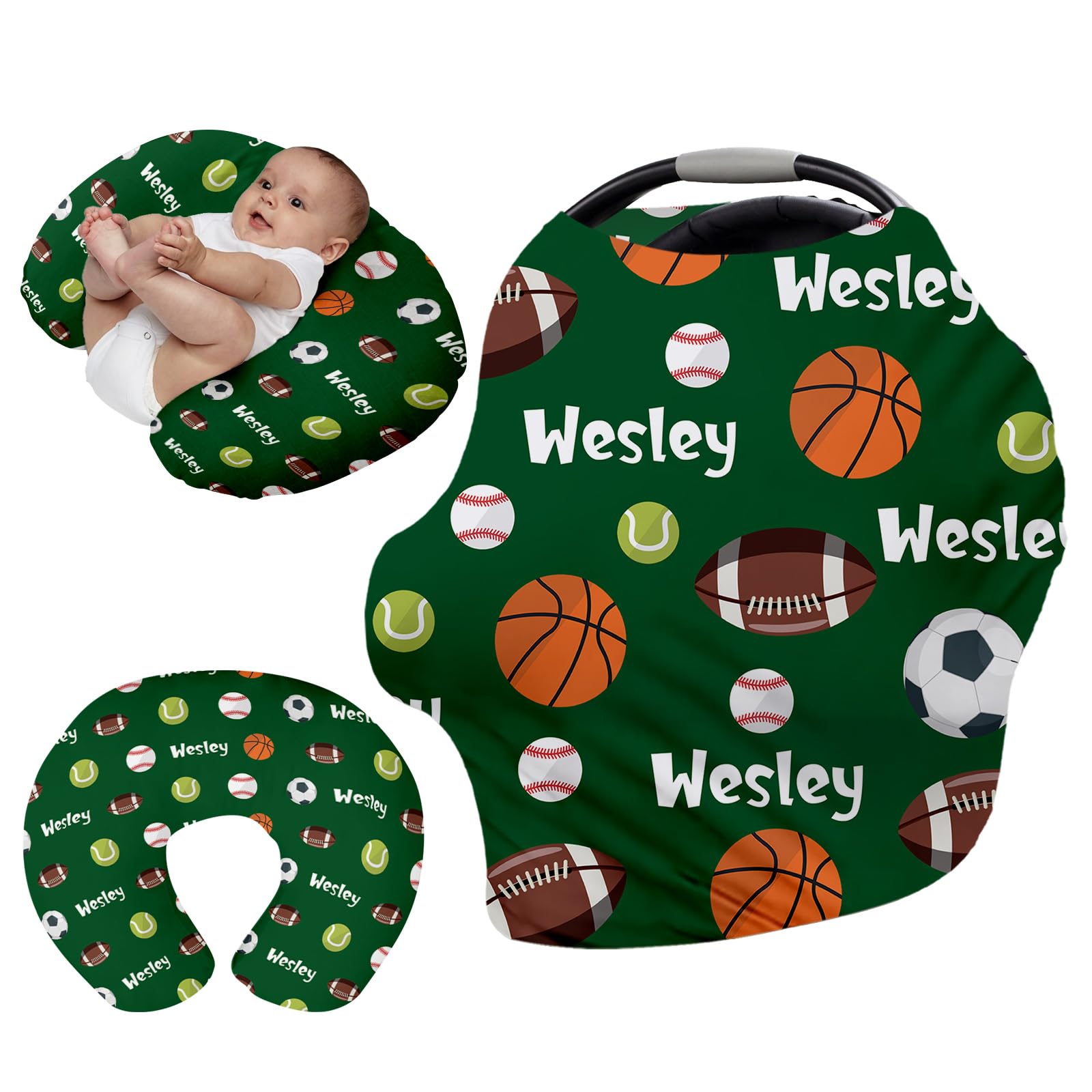 Personalised 7 in 1 Car Seat Cover for Girls and Boys - Multipurpose Breast Feeding Cover, Green Sport Pattern Nursing Cover, Grocery Cart Cover - Birthday Gift for Babies(27