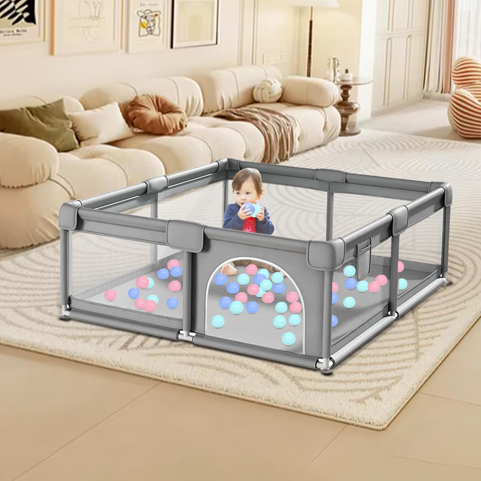 Premium Baby Playpen with Mesh Sides, Stainless Steel Frame, Anti-Slip Base, 50 Colourful Balls, Ball Hoop and Pull Up Rings Included, Grey (1.2 * 1.6 M)