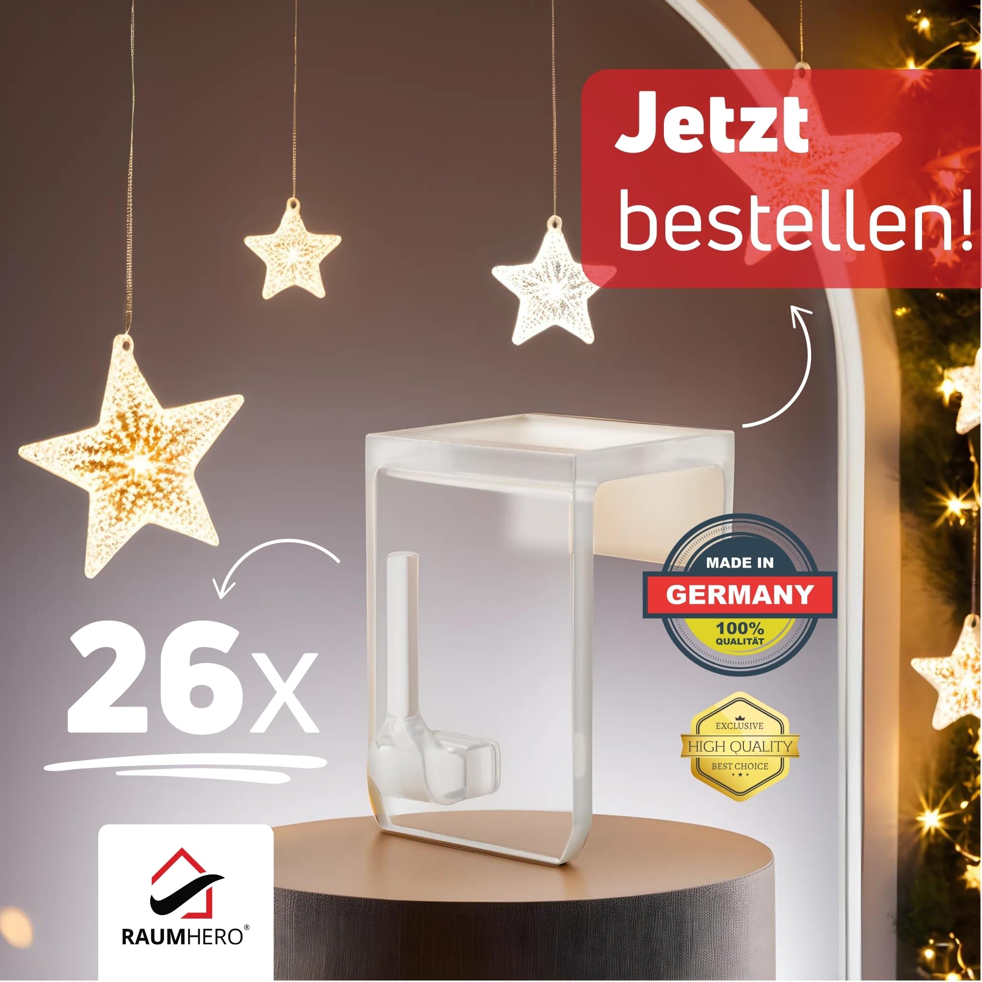 Raumhero Haczyki okienne 100% Made in Germany – do zawieszenia (26 szt.) haczyki do dekoracji okien, zawieszka, dekoracja okienna, łańcuch świetlny, gwiazda bożonarodzeniowa – haczyki przezroczyste