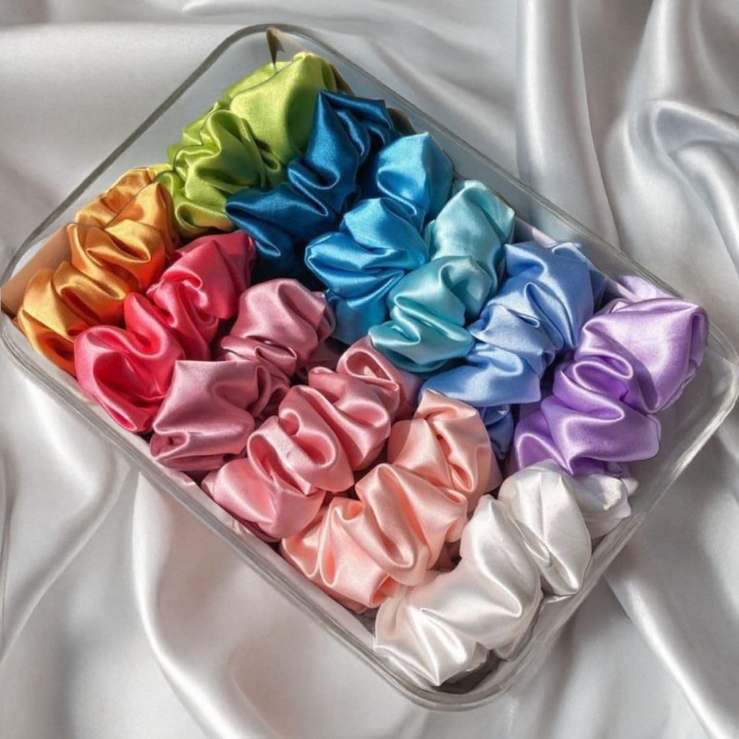 ChicTresses® Classic Satin Silk Scrunchies for Women, Set of 12 Anti Hair Breakage Ponytail Holders, Hair Accessories for Women and Girls, Hair Scrunchy, Rubber Band, Great Gift