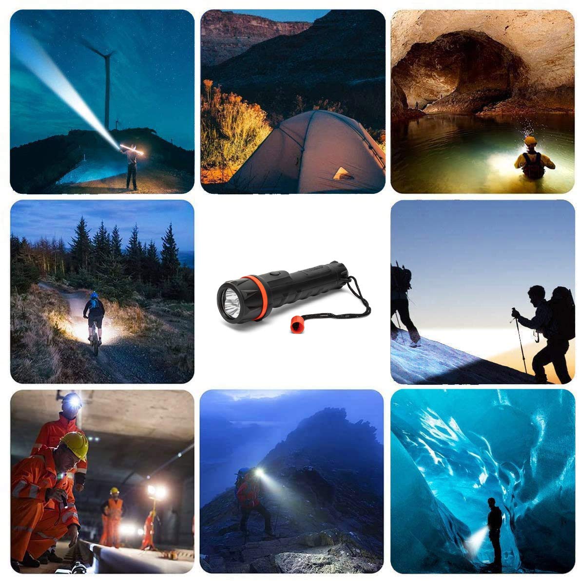 VELAMP - Torcia LED Potente Professionale Impermeabile, Super Luminosa 12 Lumen (Fascio 20 Metri) Campeggio, Outdoor e Emergenza a 2 Pile AA (non Incluse), Autonomia 30h, Manico Antiscivolo e Laccetto