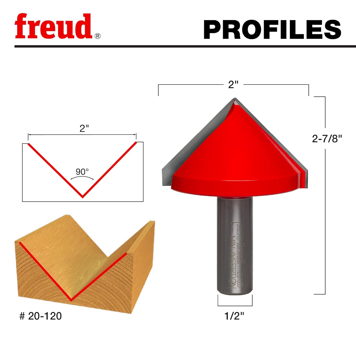 Freud 20-120: 2" (Dia.) 90° V Grooving Bit with 1/2" shank, 2-7/8" overall length