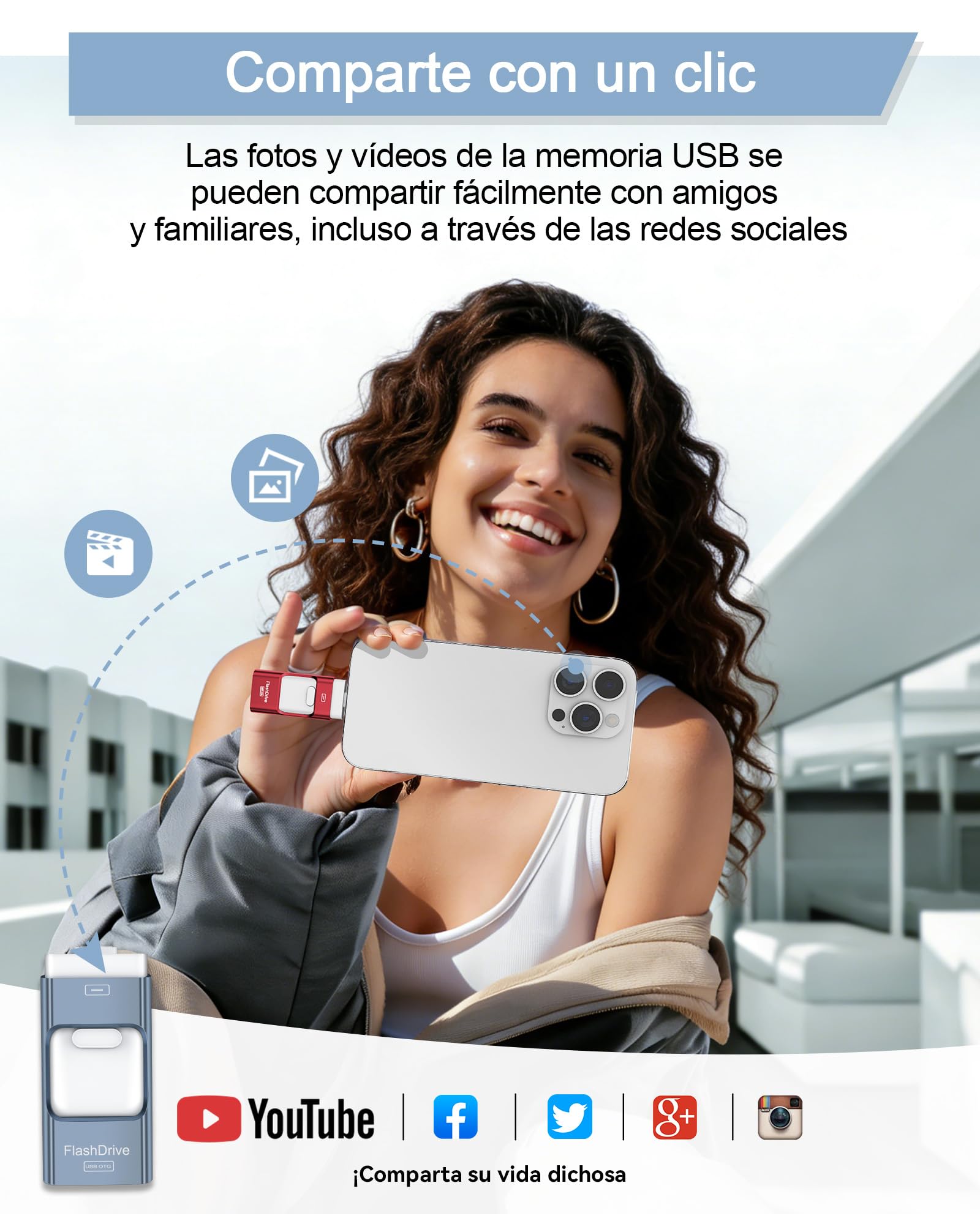ZARMST Memoria USB 256GB para i-Phone y Android, Pendrive 4 en 1 USB 3.0 con L-ightning/USB-C/Micro USB/USB-A, Memoria Externa para Móvil, Almacenamiento de Fotos y Vídeos, Azul