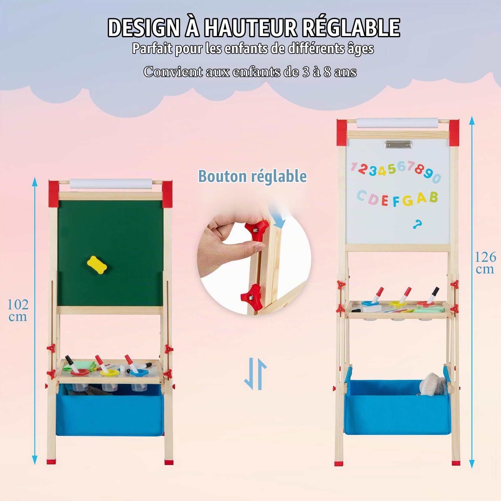 HOMASIS Chevalet Enfant Double Face, Réglable en Hauteur