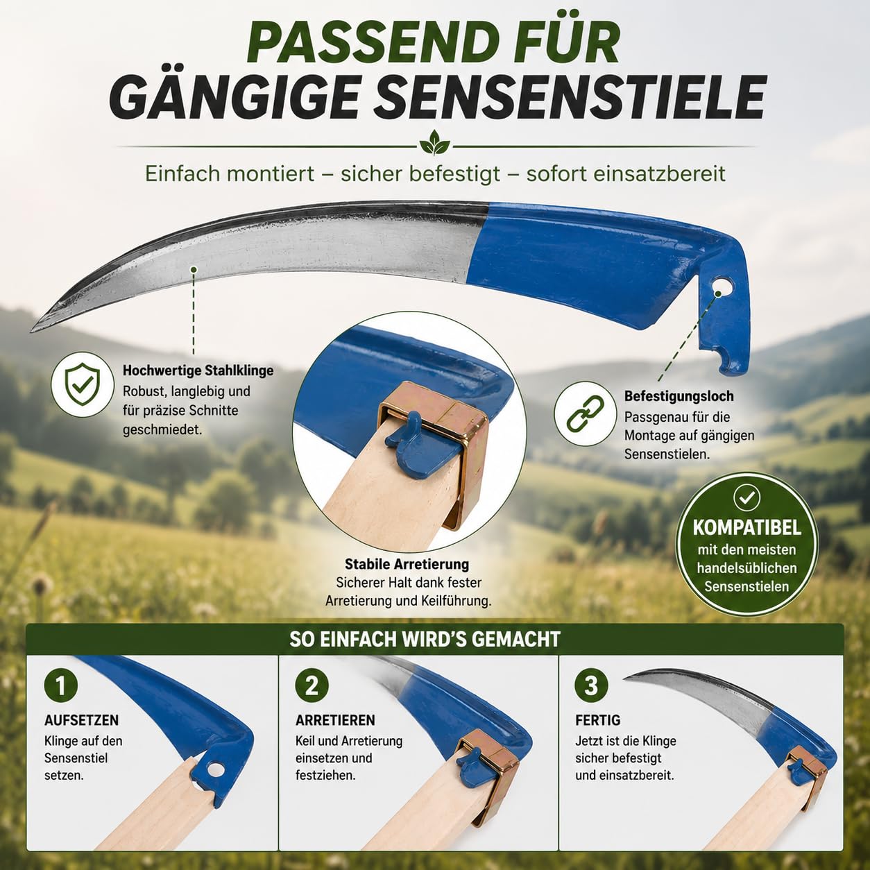 Sense ohne Stil Sägezahngras Wildwuchssense 50/60/70/80/90 cm, Sensensichel für Mähen von Gras Getreide, Unkraut, Handsense, Gartensense Waldsense Unkraut, Sense für Garten (50 cm)