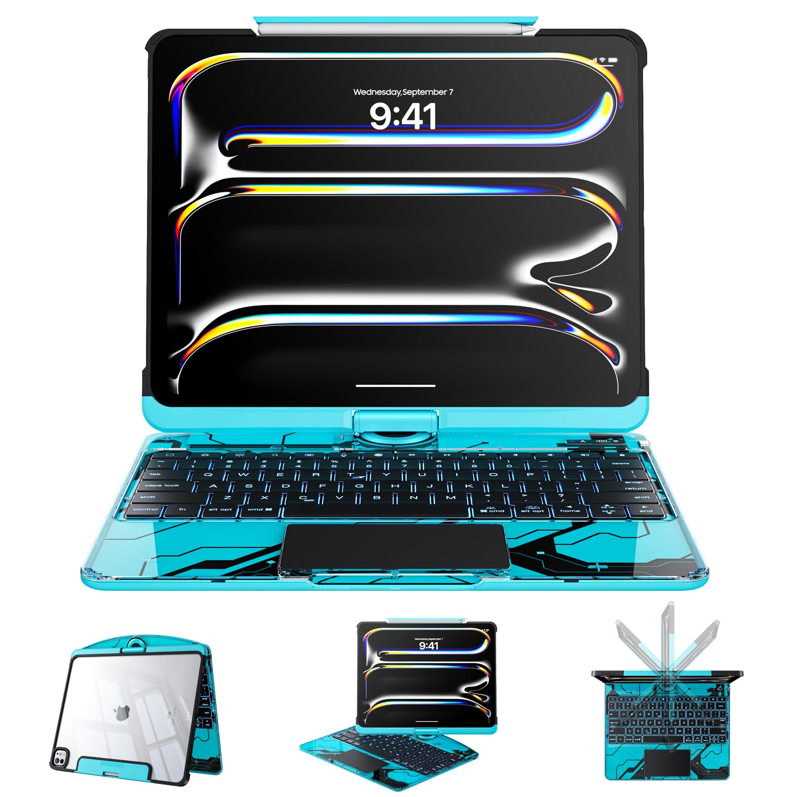 Clear Case with Keyboard for iPad Pro 11 Inch Case (M5/M4, 2025/2024), 360°+180° Rotating iPad Keyboard, LCD Display, Pencil Holder, 7-Color Backlit, Multi-Touch Trackpad, Blue