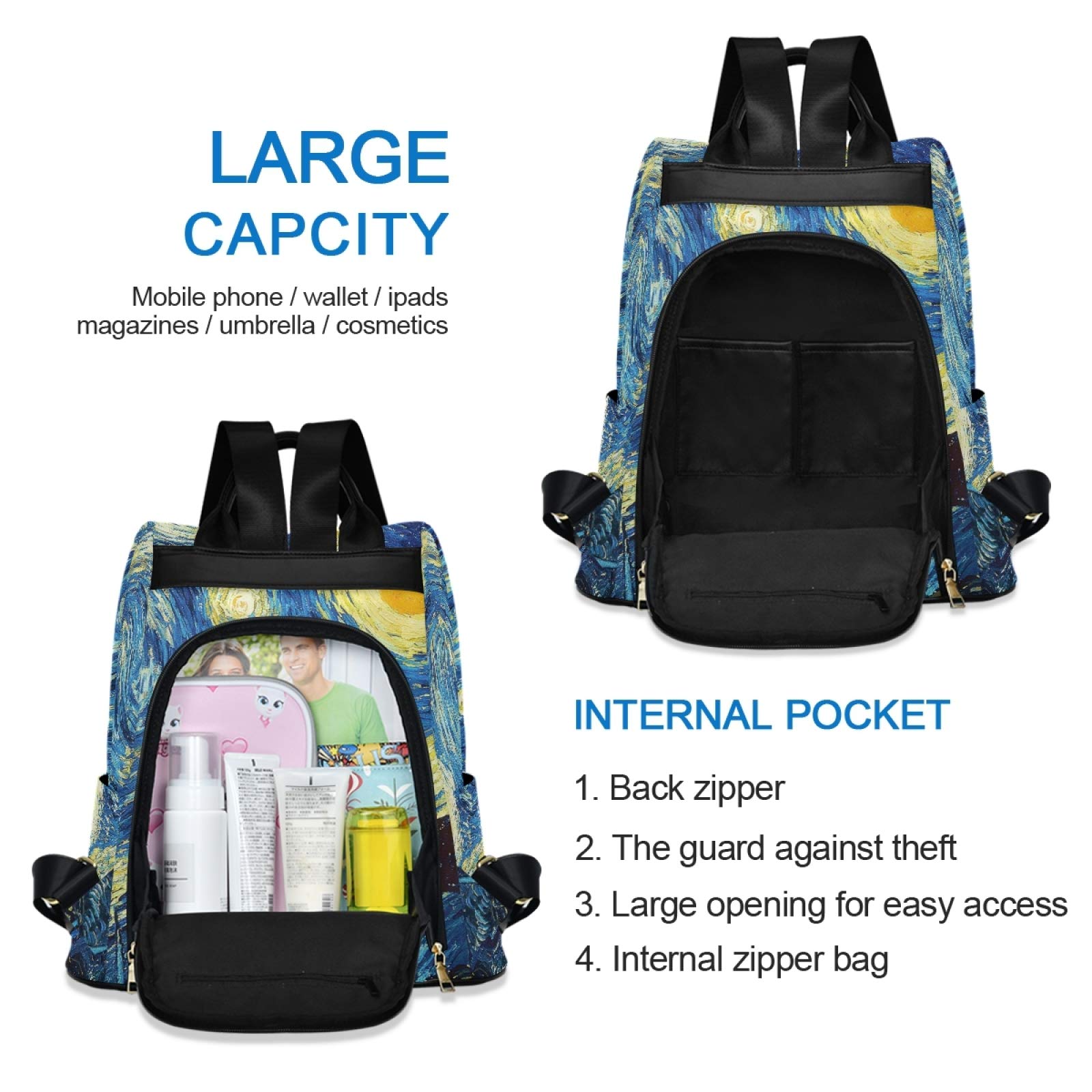 ALAZA Starry Night Van Gogh Laptop Backpack - 17 Inch Laptop Compartment Travel Daypack For Women & Men - Multiple Pockets, Reflective Strips, Durable Polyester - View #11