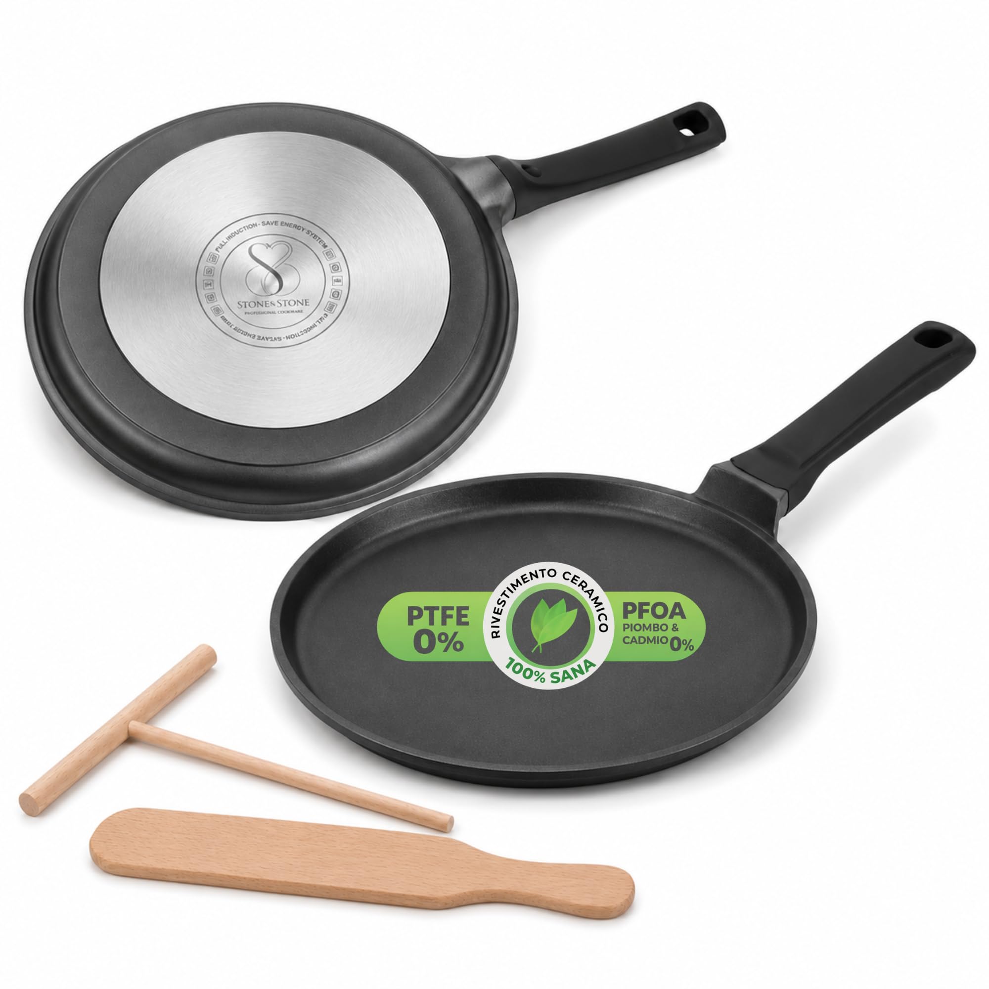 Stone&Stone Padella per Crepes e Pancake 26cm super Antiaderente per Induzione e gas | Crepiera con rivestimento Ceramico Tedesco | Senza PFOA PFAS PTFE | Spatola e Stendi Pastella Inclusi