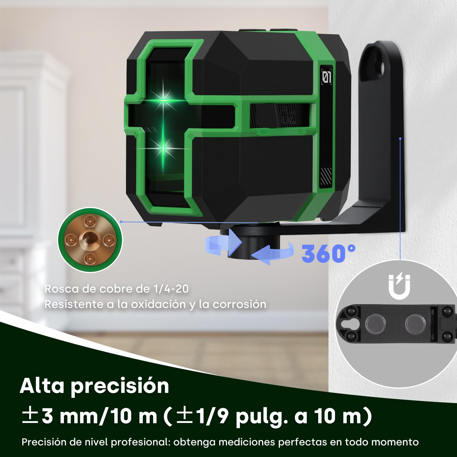 Nivel Láser Autonivelante, 50M Verde Módulo Láser Dual, 3 Modos Conmutables Horizontal/Vertical, Modo Pulso, Carga USB, IP54 para Obras de Construcción, Decoración del Hogar, DIY