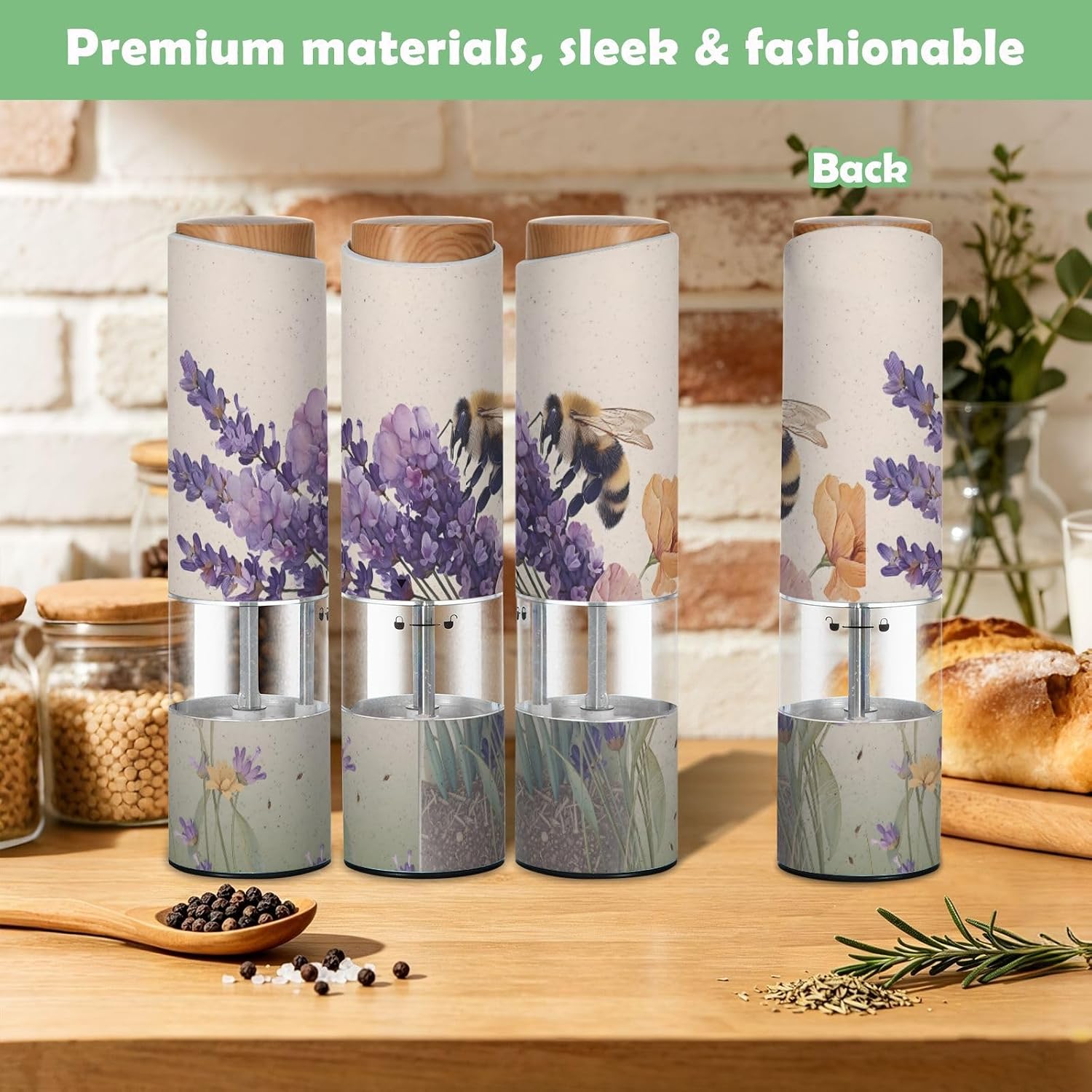ALAZA Electric Pepper Grinder with Adjustable Coarseness, Lavender Bee Purple Flower Battery Automatic Salt and Pepper Mill with Led, One-Handed Operation Spice Grinder for Kitchen, Camping & BBQ