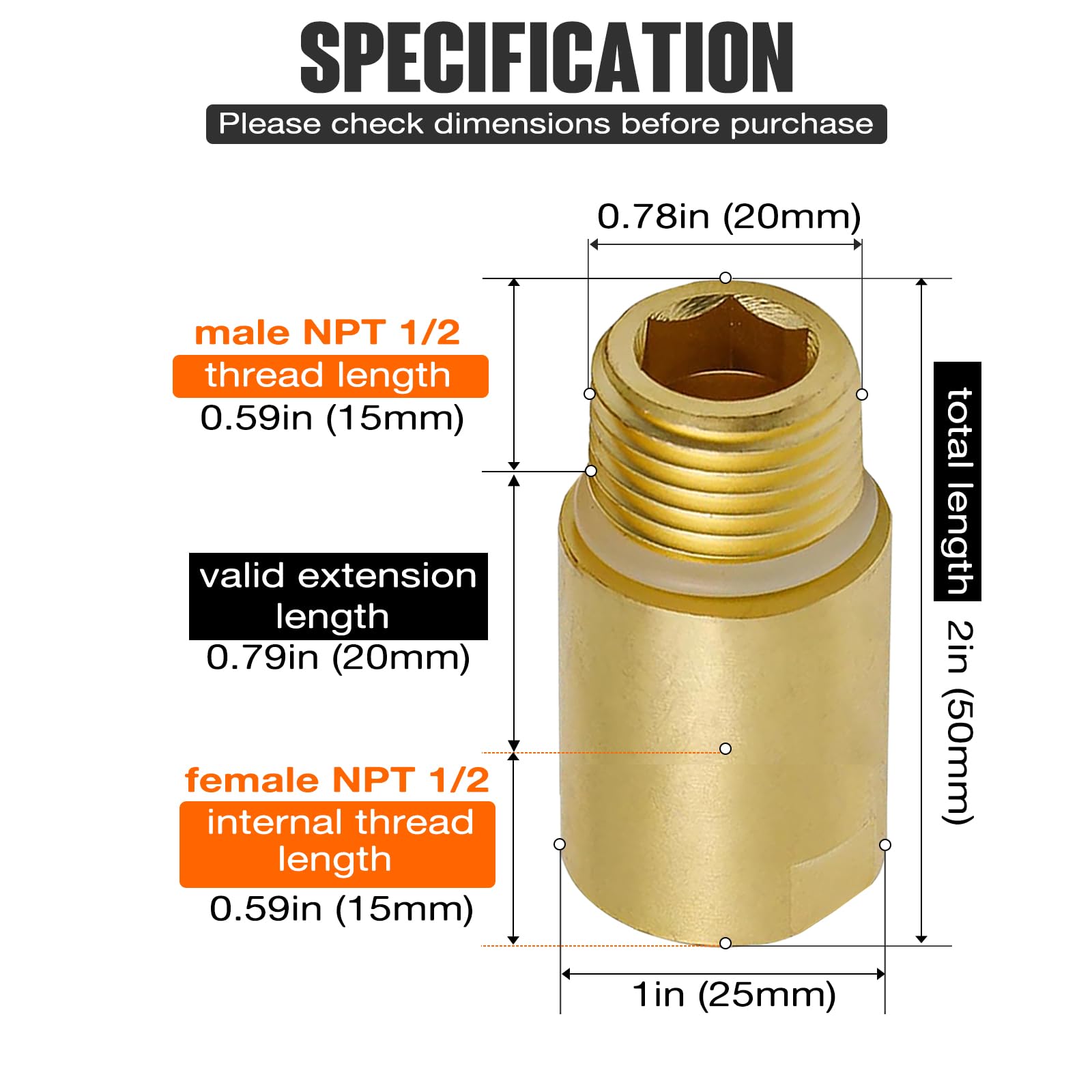 (2 piezas) Adaptador de fontanería de latón mejorado con junta tórica de goma, acoplador de tubería NPT macho de 1/2 pulgada x hembra NPT de 1/2 pulgada, sin costuras y a prueba de fugas (2 pulgadas