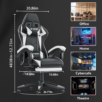 Racingreat Ergonomic Gaming Chair with Footrest for Adults(White) | Height Adjustable,Reclining,Headrest,Lumbar Support,Armrests,360°-Swivel