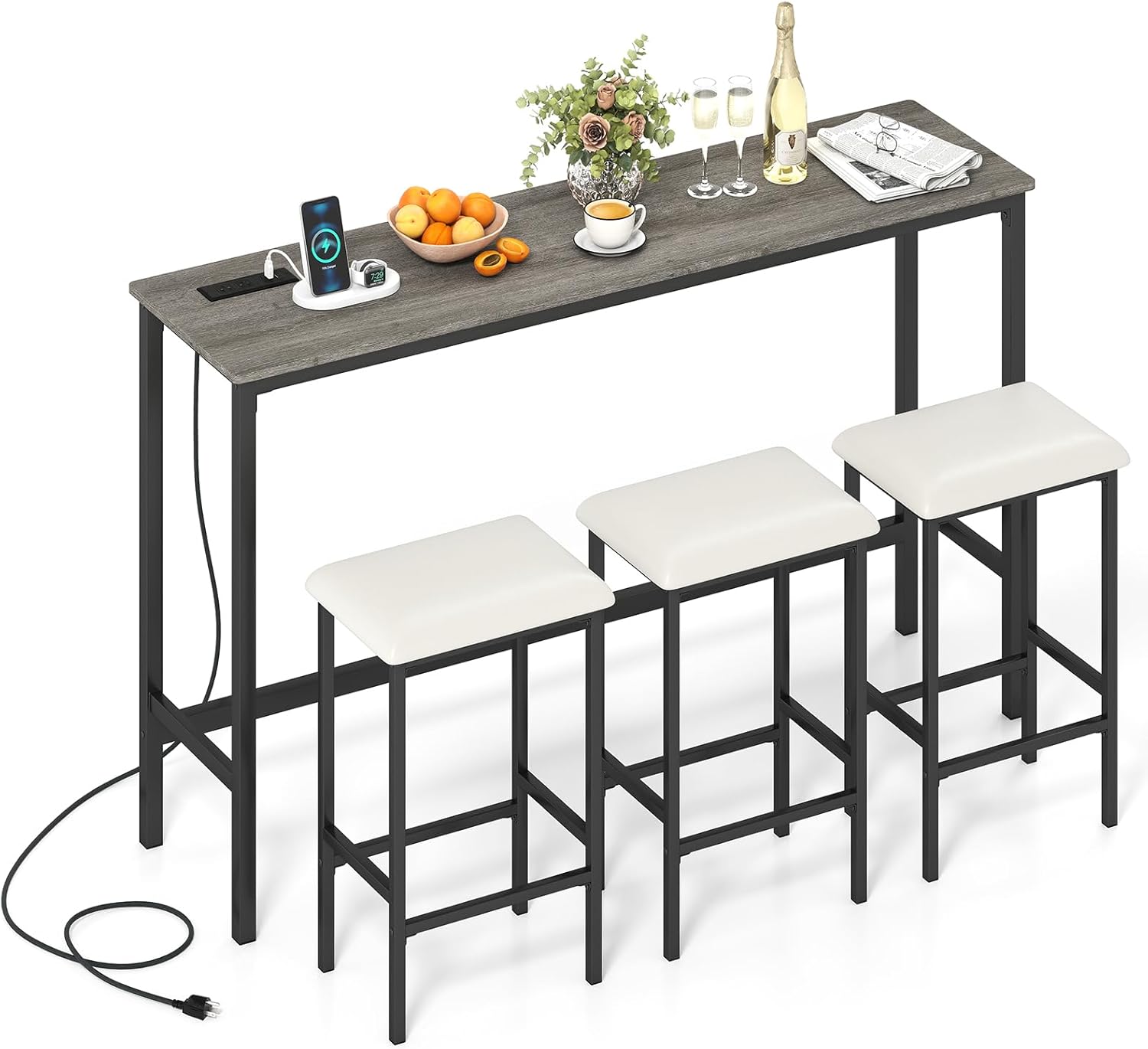 COSTWAY 4 Pieces Counter Height Bar Table Set with Power Outlet, 60" Farmhouse Modern Dining Table w/ 3 Padded Stools, Long Kitchen Island Table and Upholstered Chairs for Breakfast Nook, Small Spaces