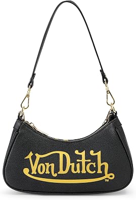 Von Dutch Womens Classic Shoulder Bag Stylish Handbag with Adjustable Strap, Spacious Interior, and Iconic Logo Design Black and Gold