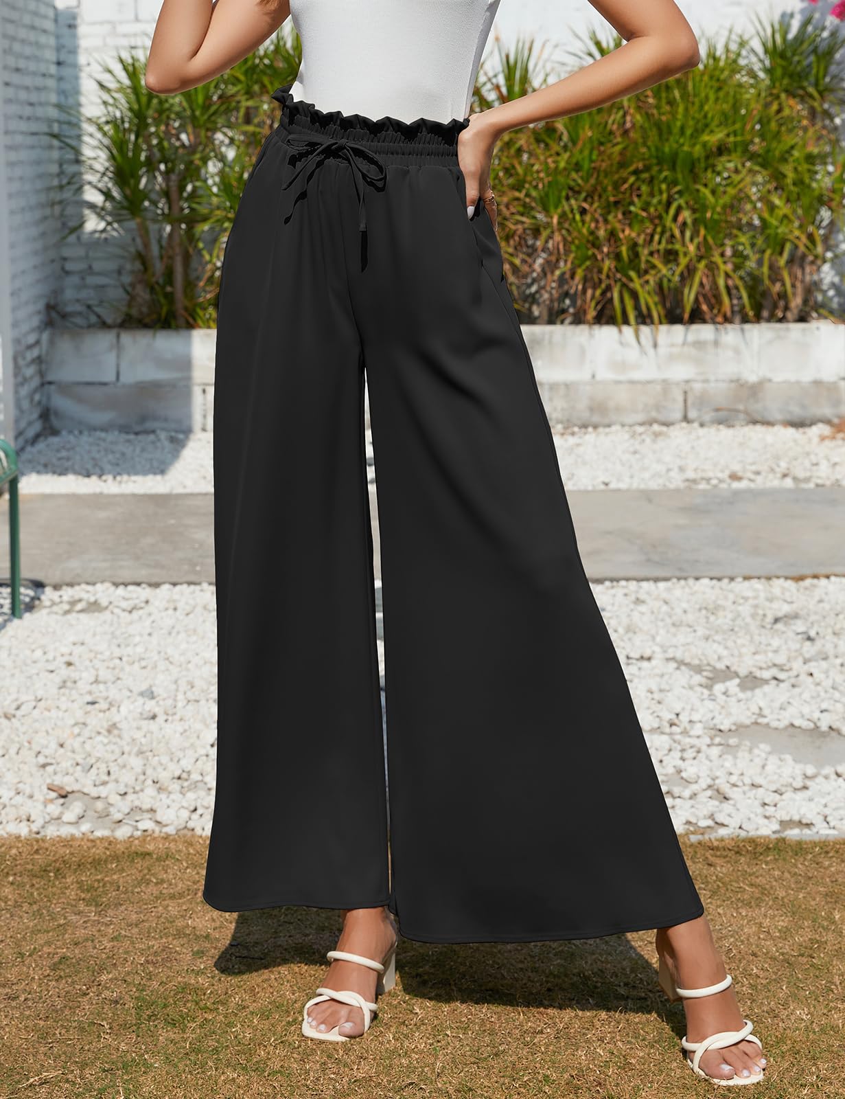 CMTOP Pantalon Femme Elegant Fluide Eté Elastique Taille Haute Pantalons Décontracté Léger Pantalon à Jambes Larges Le Travail and Le Bureau avec Poches