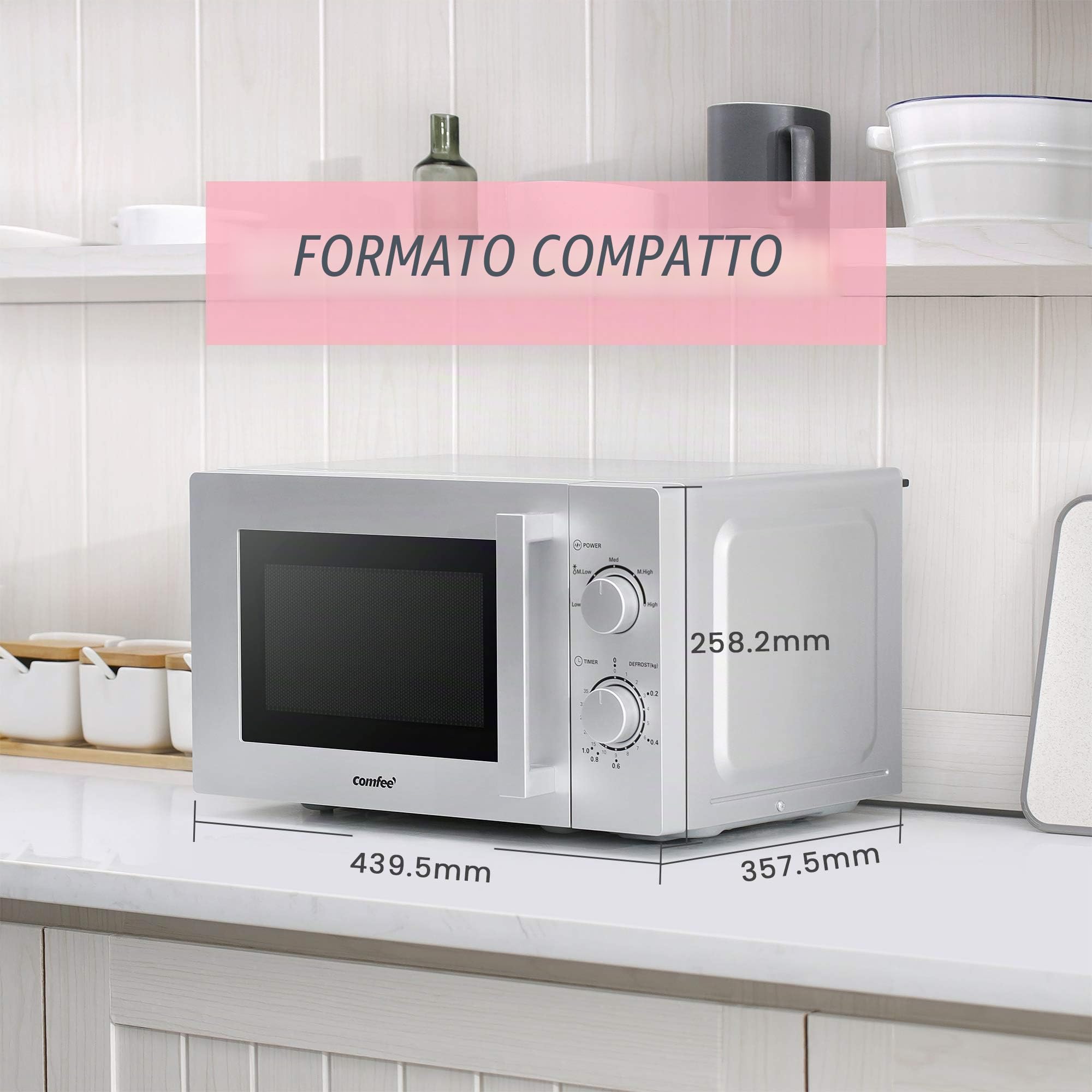 Comfee CMSN 20 si Mikrowelle/Solo-Mikrowelle mit 5 Leistungsstufen/Innenbeleuchtung/easy Defrost/360°Drehteller/Zwei Drehregler/20L/700W/ Silber