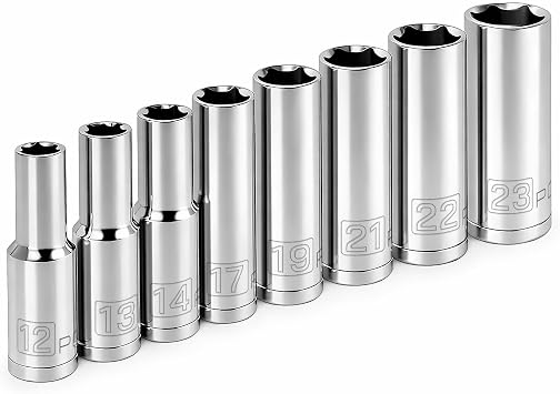 Powerbuilt 8 Piece 1/2 Inch Drive Metric 6 Point Deep Socket Set, Sizes 12mm-23mm, Z-Drive Grips, Chrome Vanadium Steel made - 640055
