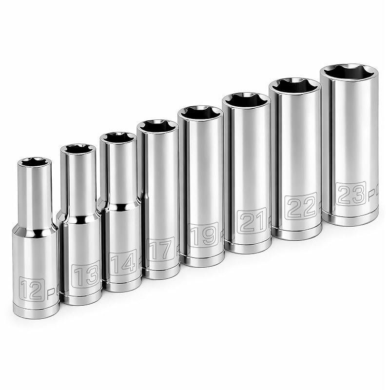 Jogo de Soquetes Profundos Powerbuilt com Encaixe de 12,7 mm (1/2 pol.), 6 Pontos, Métricos de 12 a 23 mm, Aço Cromo-Vanádio, 640055, 8 peças