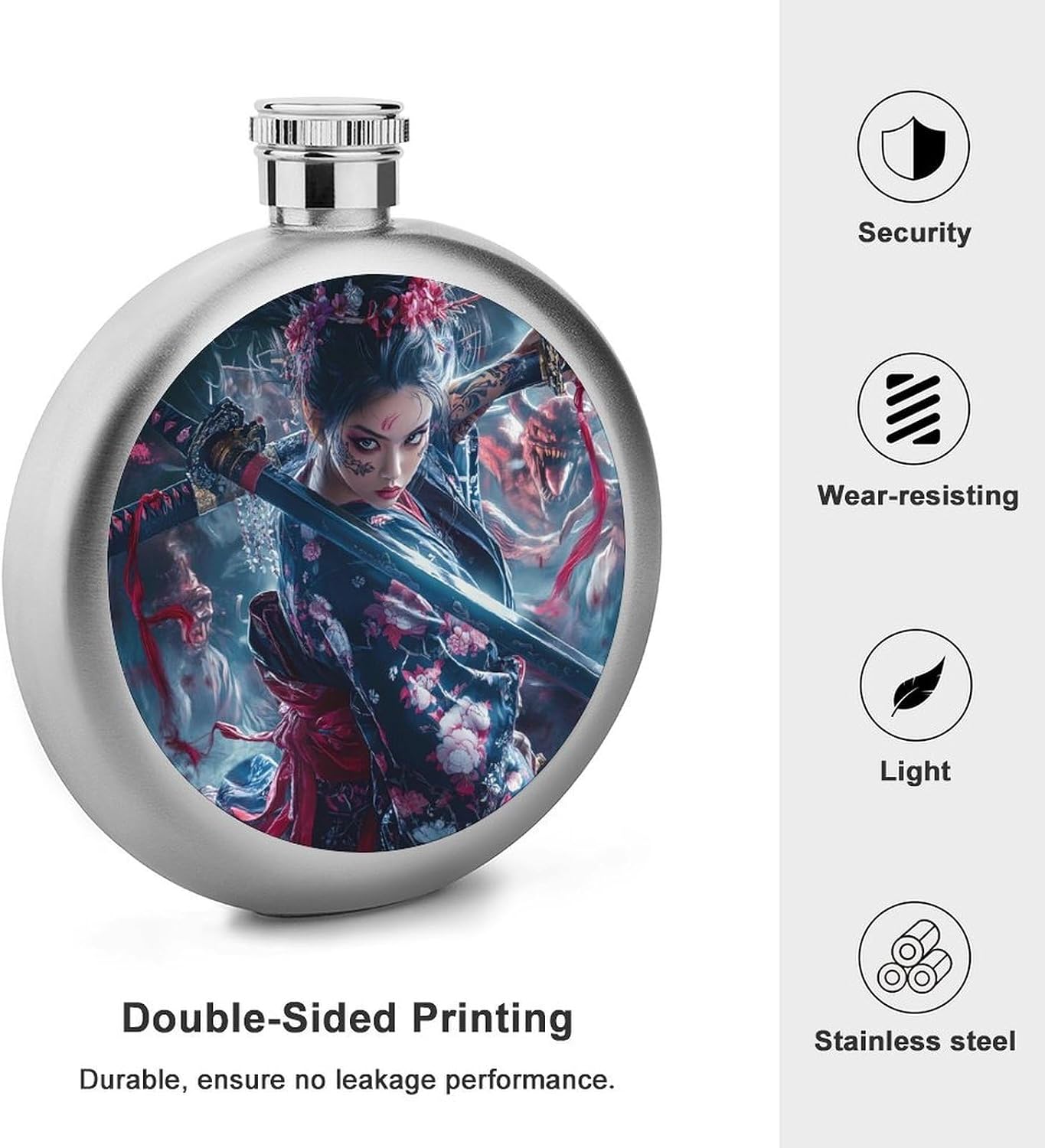 Samurai Woman And Evil Hip Flask for Men 5 Oz Stainless Steel Liquor Container Mini Leakproof Water Bottle