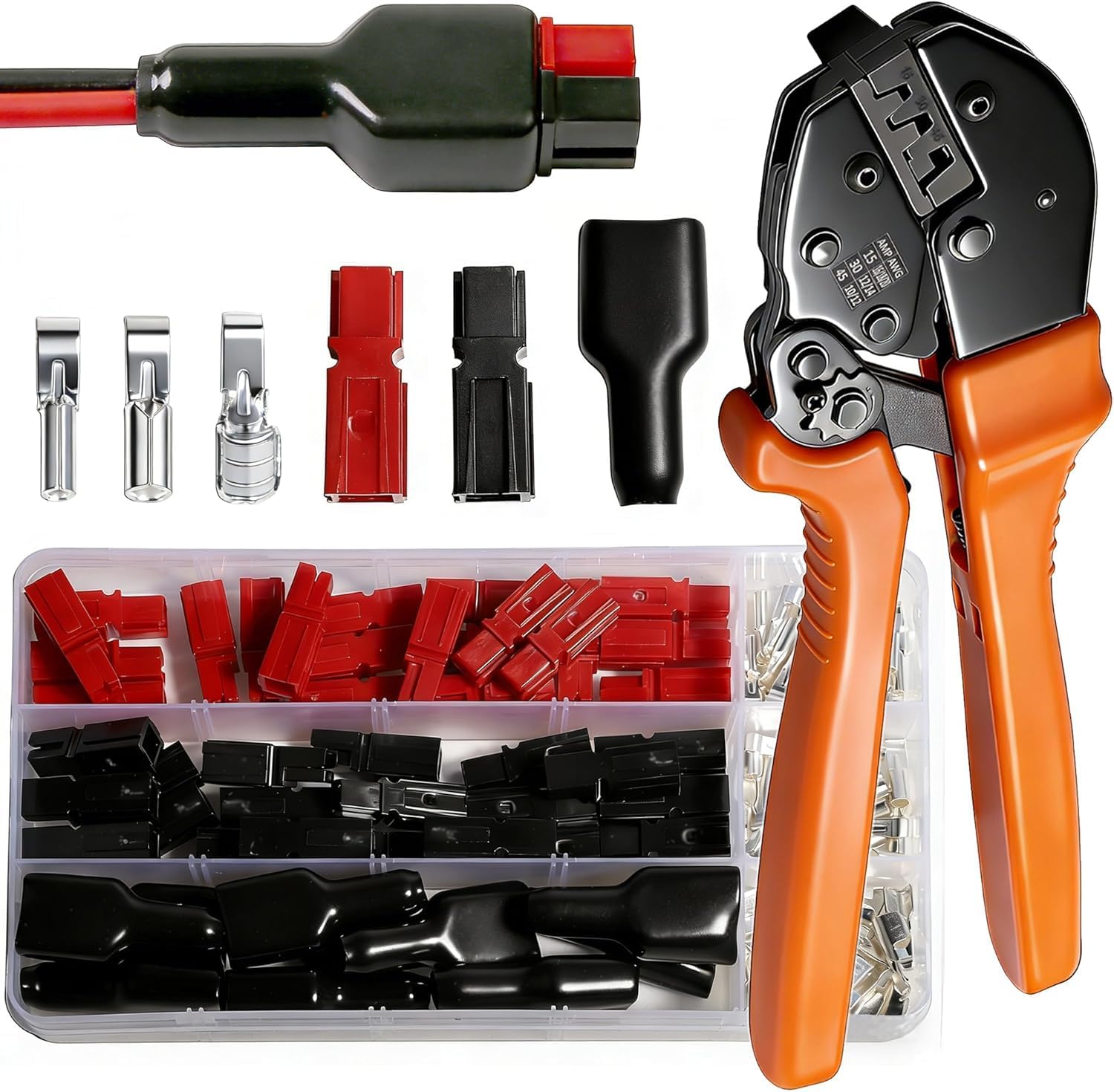 Set di 110 connettori Powerpol con pinza crimpatrice a cricchetto, connettore 15 A, 30 A, 45 A, connettore di contatto AWG10-20, rosso e nero, connettore per batteria