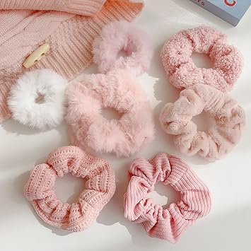 7-Piece Velvet Solid Elastic Hair Ties, Gentle Style Scrunchies for Women Long Thick Hair, No Damage Hair Scrunchies Rubber Bands Accessories Pink