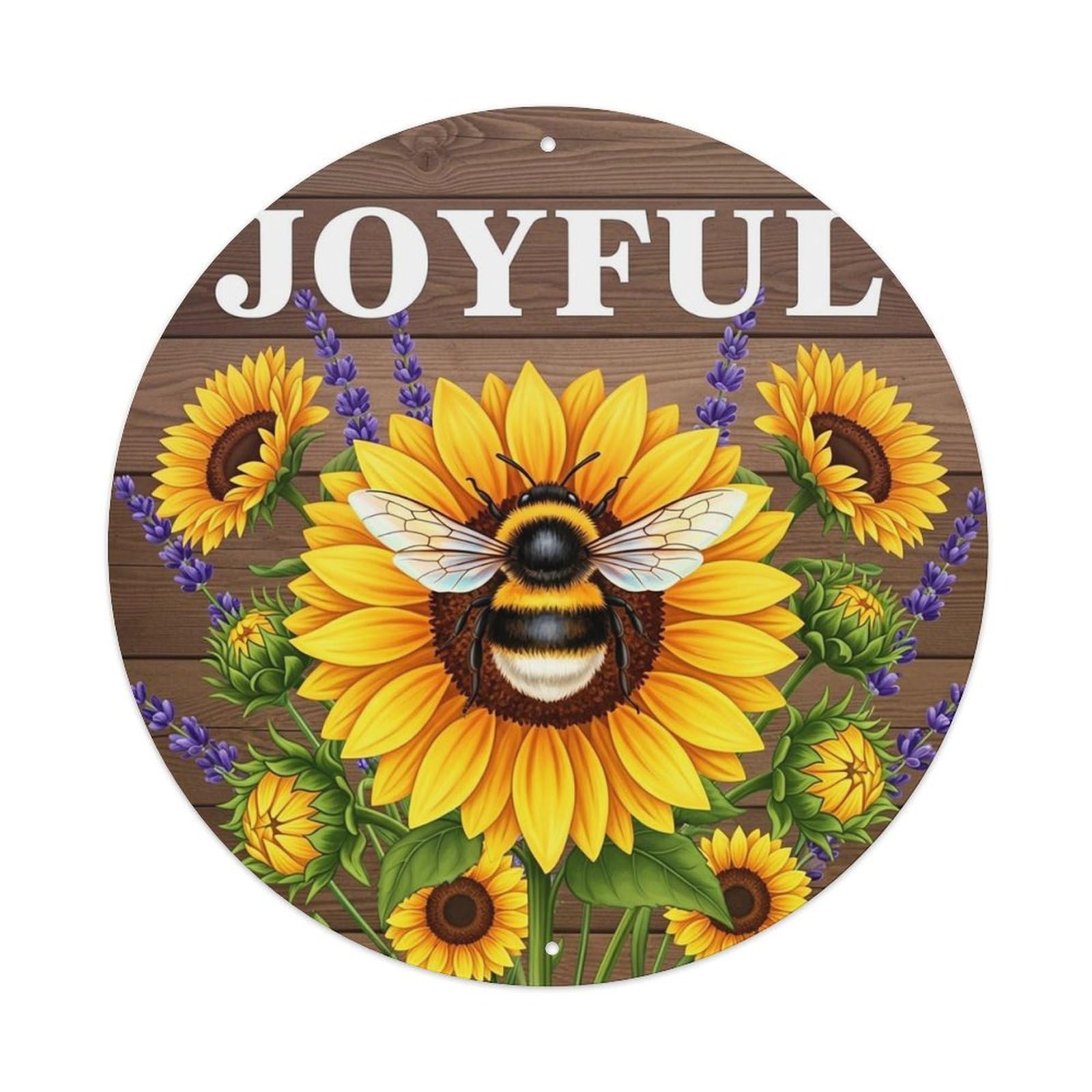 Sunflower Bee Lavender Joyful Wood Round Metal Tin Sign Vintage Wall Decor, Bar Garage Cafe Kitchen Home Wall Art Poster 8x8inches