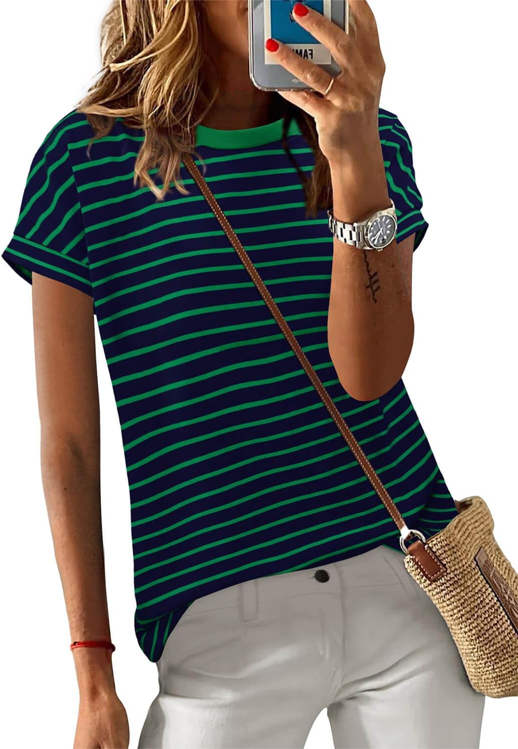 ONLYSHE Womens Short Sleeve Shirts Casual Crewneck Tops Tshirt Basic Tees Summer Fashion Strpied Clothes Outfits Tunic - Image 3