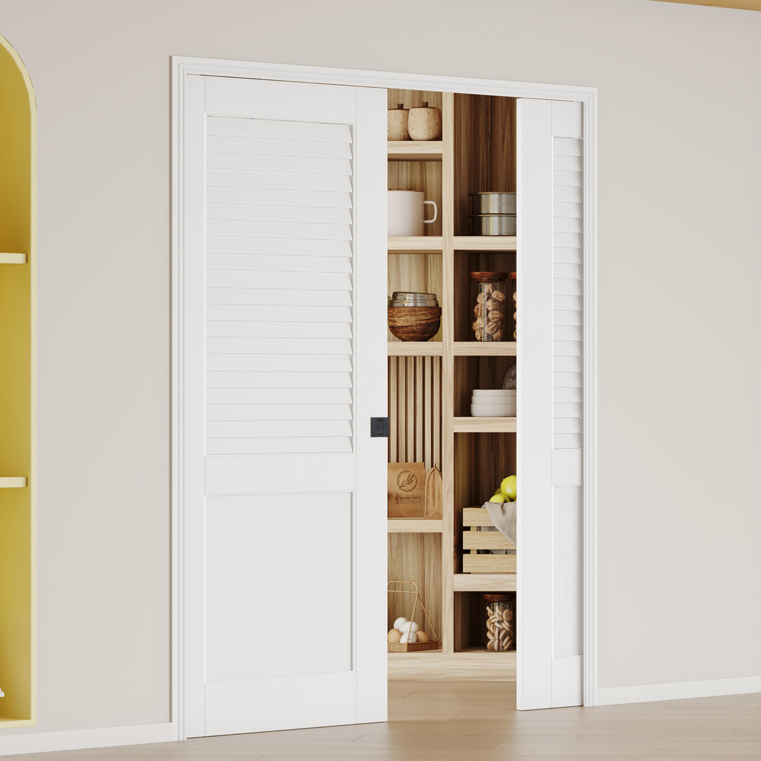 Sliding Pocket Door, 60" x 80", Half-Panel Louvered Pantry Doors with Frame and Hardware Kit, Interior Door, White Primer Closet Doors - No Panel Assembly Required