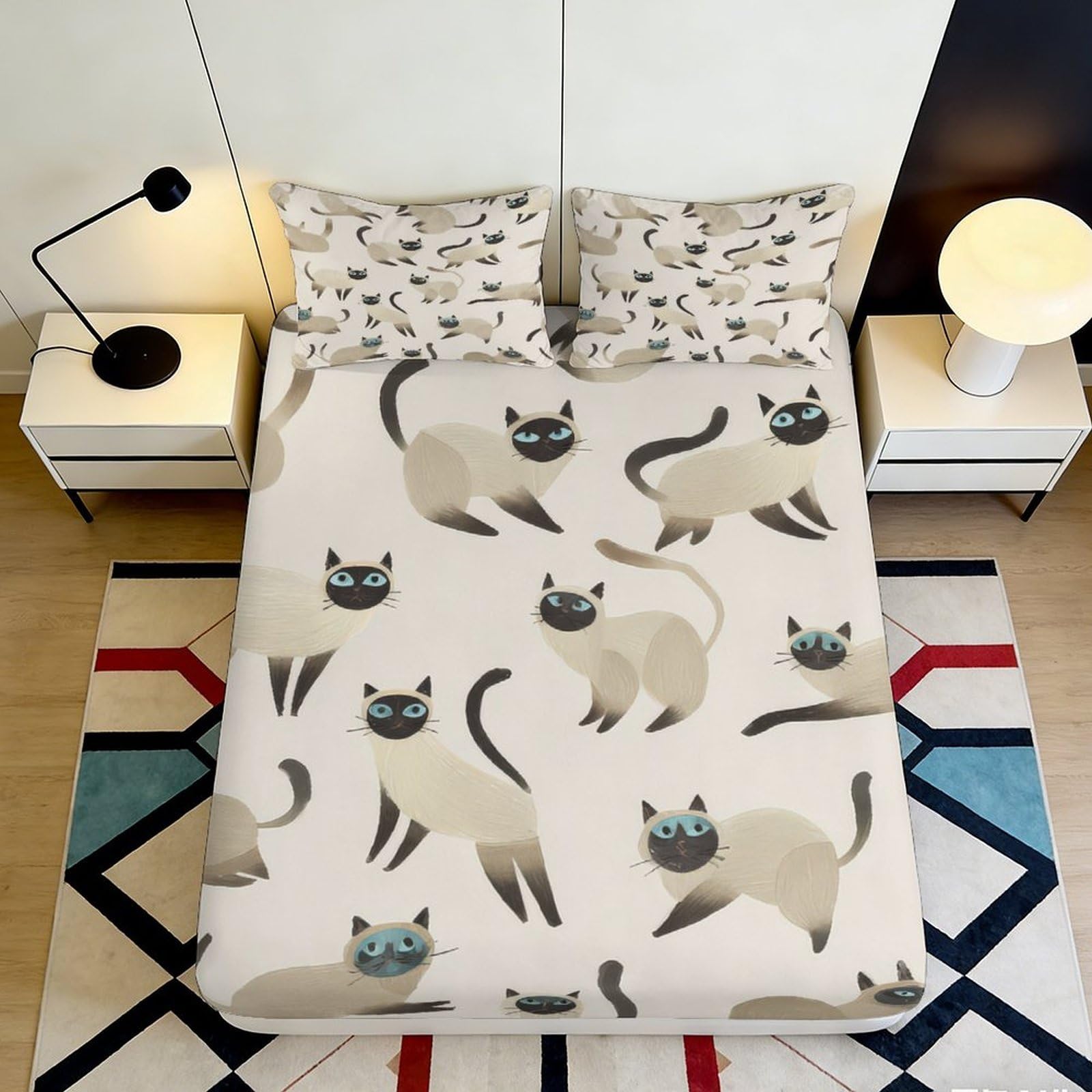 3D Printed Siamese Cat Fitted Sheet Microfiber Soft Breathable Cartoon Cat Bed Cover for Bedroom Dormitory Guest Room Mattress Protection Decor 160x200x25cm