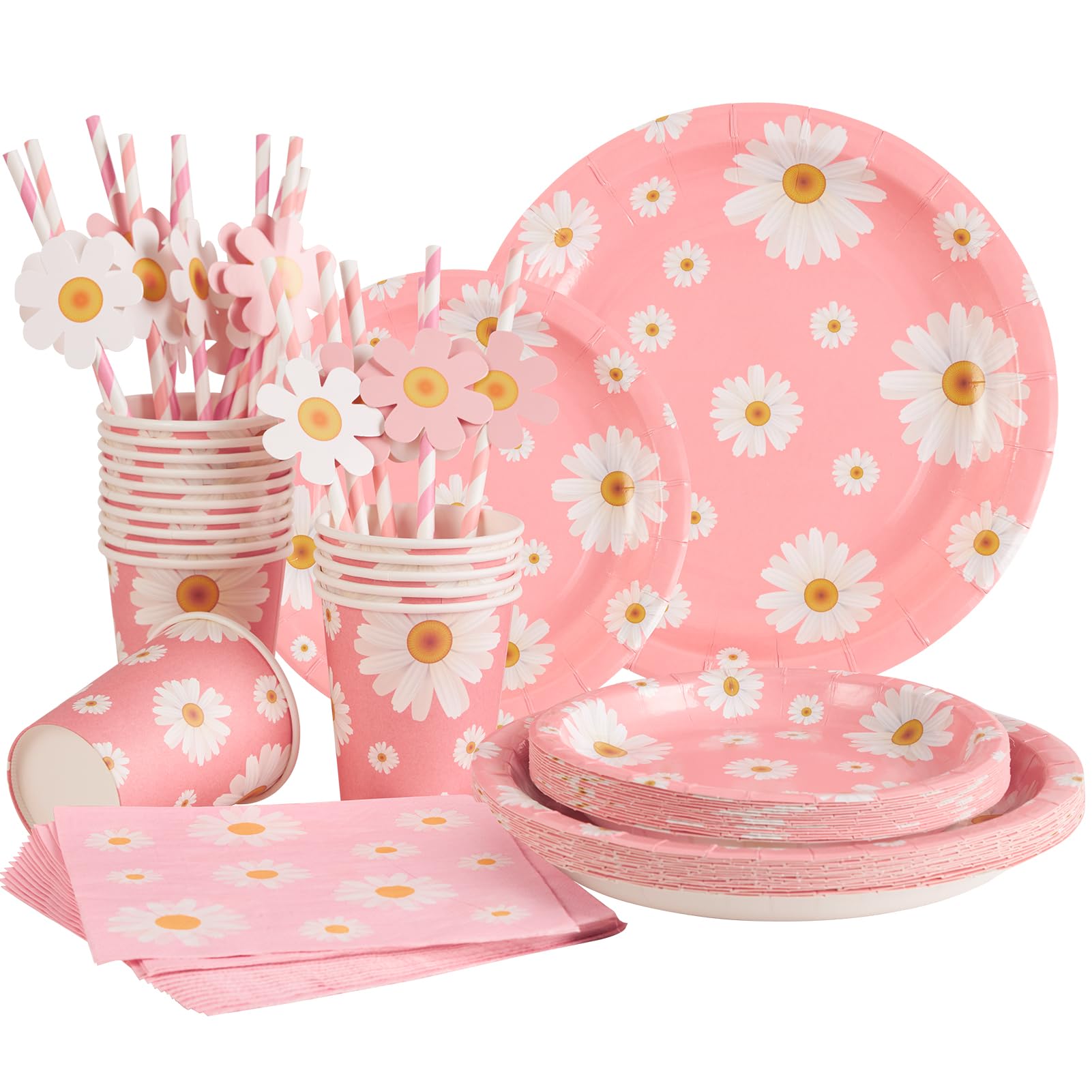 EASY JOY 80 PCS Daisy Party Decorations Pink Flower Paper Plates Daisy Floral Party Tablewares Pastel Paper Plates Cups and Napkins for Girl Birthday Baby Shower Afternoon Tea Garden Decor
