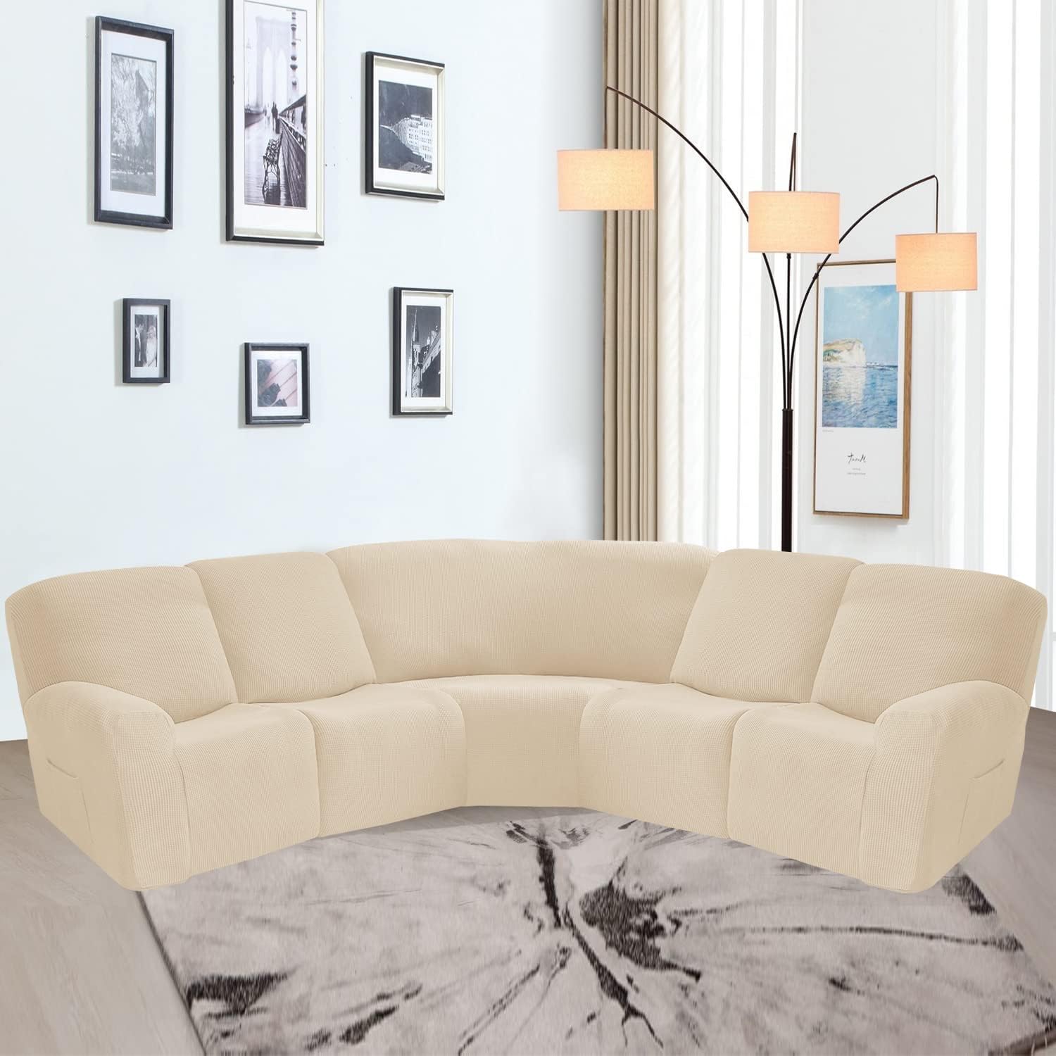 MIFXIN Recliner Corner Sofa Cover 5 Seat Sectional Sofa Slipcovers Stretch Knitted Jacquard Elastic 7 Piece Reclining Couch Covers L Shaped Sectional Recliner Set Furniture Protector (Beige)