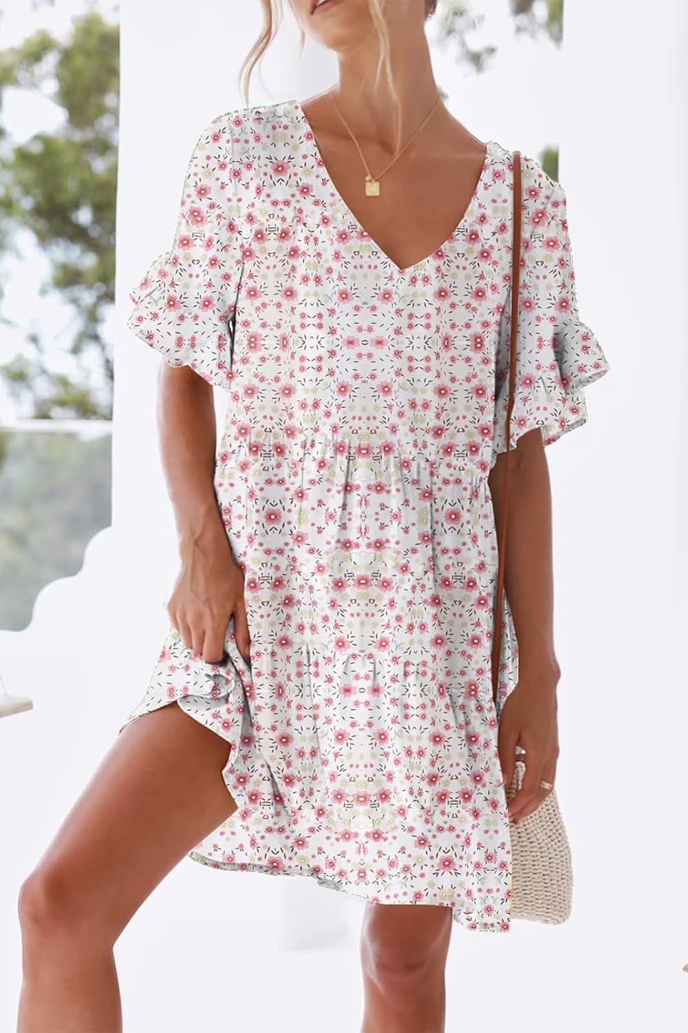 nclook Womens Summer Casual Dresses Sweet Cute V Neck Mini Dress with Pockets Ruffle Short Sleeve - Image 2