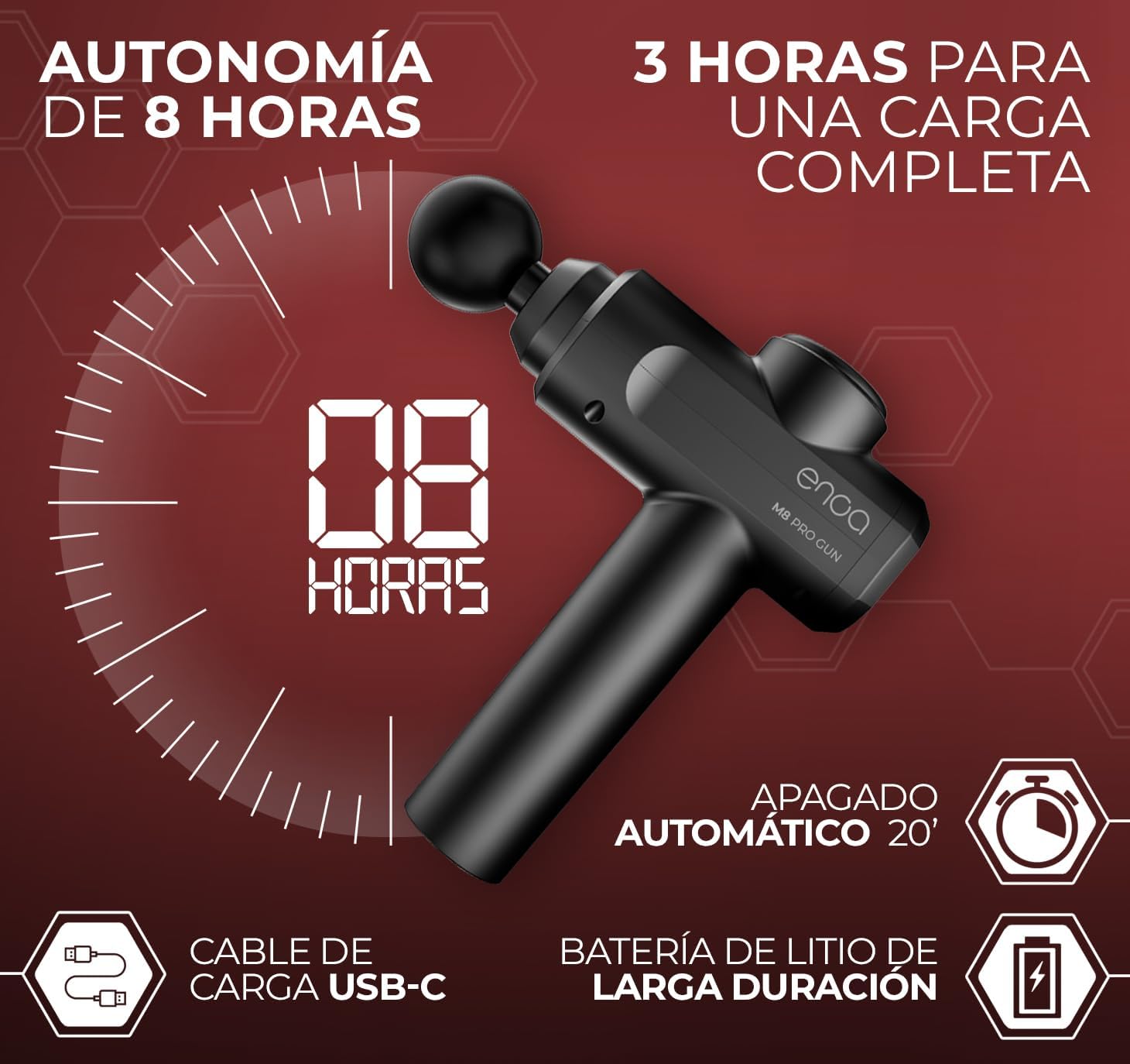 ENOA Pistola de Masaje Muscular M8 PRO, Masaje de Tejido Profundo, 30 Velocidades, 6 Cabezales, USB-C, LCD Táctil, Negro, Pack de 1 con Bolsa de Viaje | Masajeador Muscular, Tejido Profundo, 6 Cabezales, Pantalla Lcd, Usb C, Bolsa De Viaje