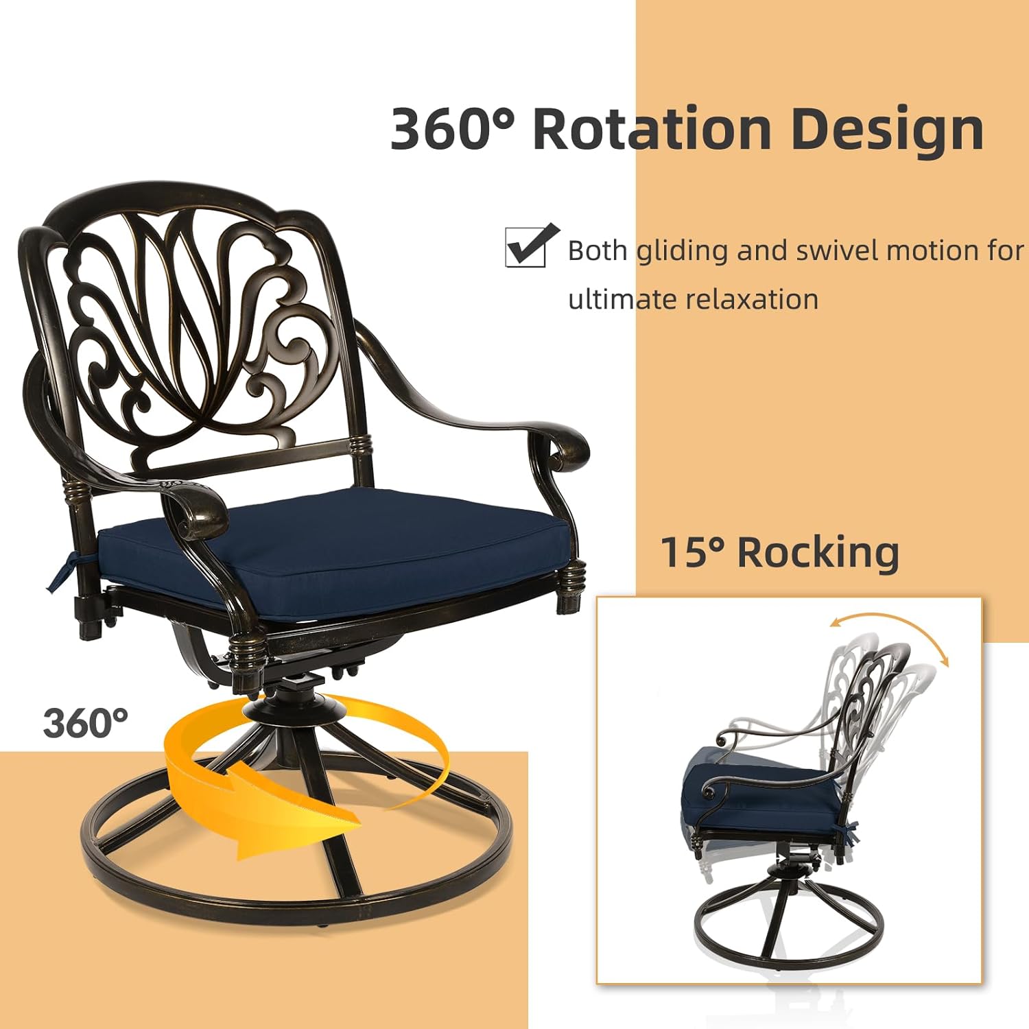 5 Piece Patio Dining Set, Outdoor Table and Chairs Set for 4 Cushioned Swivel Rocking Chairs and 35.4'' Round Table, All-Weather Cast Aluminum Patio Funiture Set, 2'' Umbrella Hole, Navy