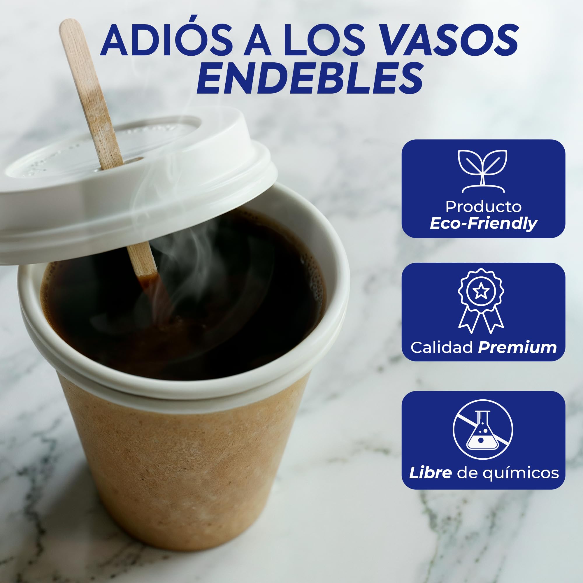 Vasos para Café con Tapas y Paletinas de Cartón Kraft 600 uds de 240 ml (8oz) Tazas de Papel de Alta Densidad para Bebidas Calientes Lavables y Reusables