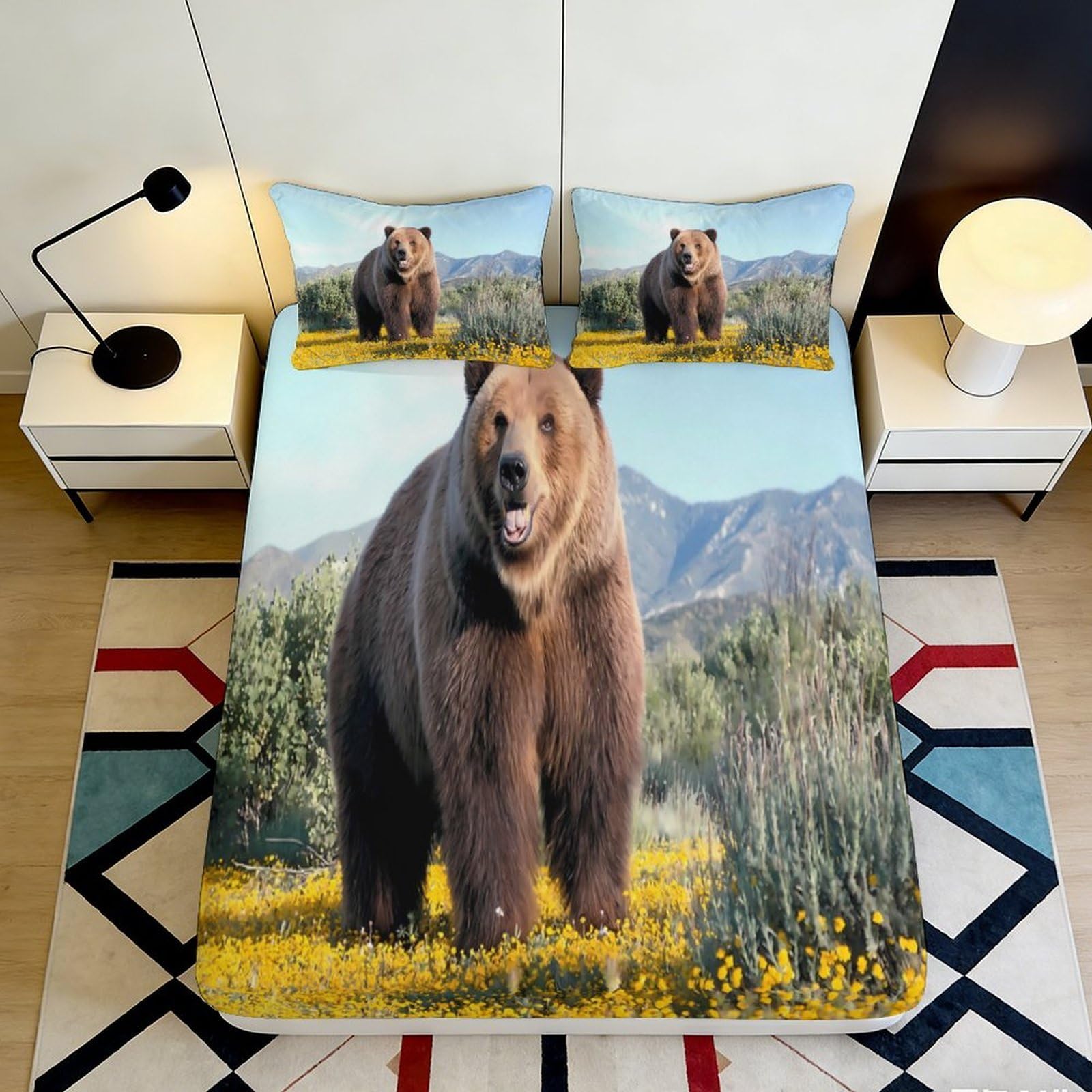 3D Printed Brown Bear Fitted Sheet Microfiber Durable Soft 3D Printed Mountain Landscape Mattress Cover for Bedroom Dormitory Guest Room 180x200x25cm