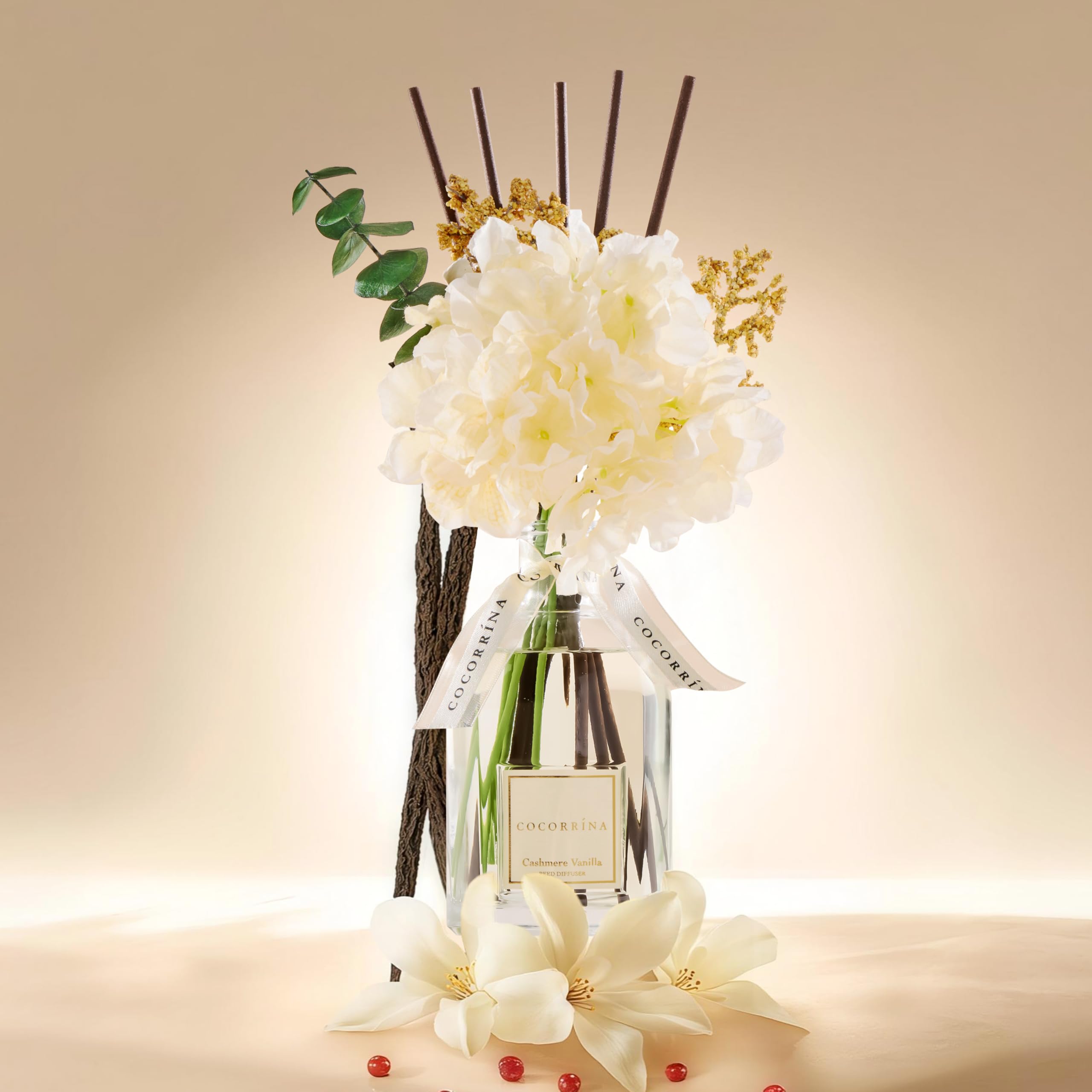 COCORRÍNA Blume 250ml Raumduft, mit Geschenkband und Duftstäbchen, Cashmere Vanilla, Natürlich, Langanhaltend, Home Duft für Wohnzimmer, Schlafzimmer, Badezimmer, Geschenk für Frauen